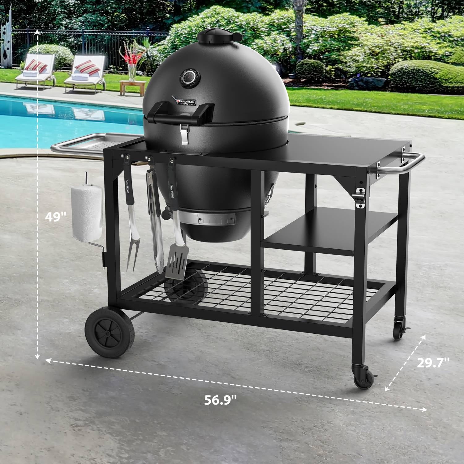 Brand Man 22 Kamado Charcoal Smoker Grill with Rolling Cart, Warming Rack, Pizza Stone & Vegetable Basket for Outdoor BBQ