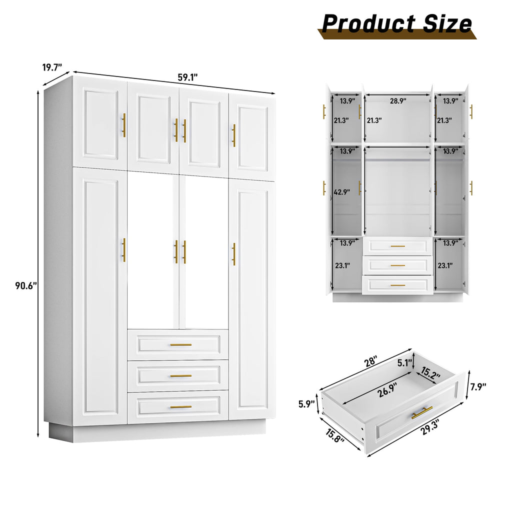 ChVans 3 Door Armoire Wardrobe Closet with Top Cabinet and Mirror, 94.5'' LED Wardrobe Armoire with 3 Drawers, Hanging Rod & Multi-Layer Shelves for Bedroom, Black