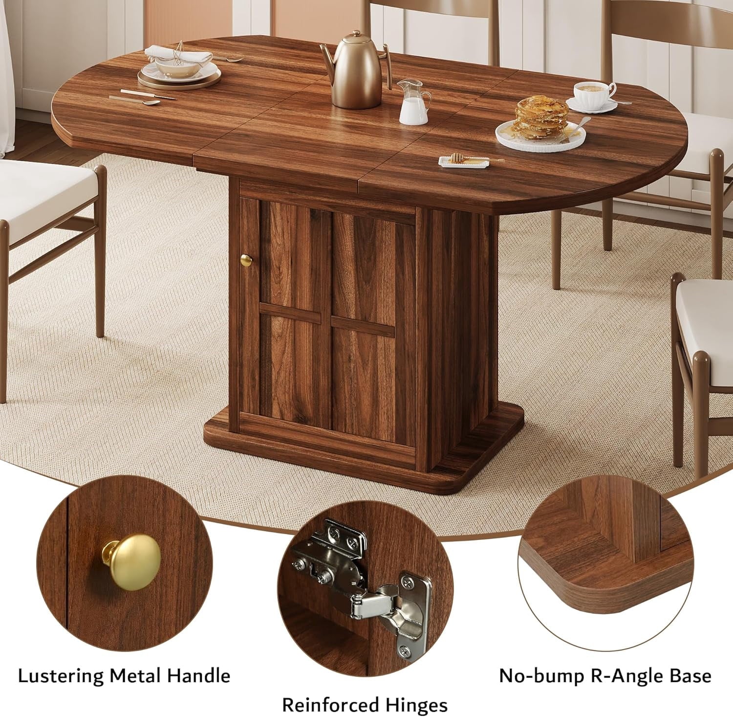 iPormis Extendable Round Dining Table for 4-6, 59'' Modern Kitchen Table with 2-Tier Storage Shelf, Wood Door, MDF Board, Space Saving Oval Dinner with Sturdy Pedestal Base, Kitchen, Dining, Natural