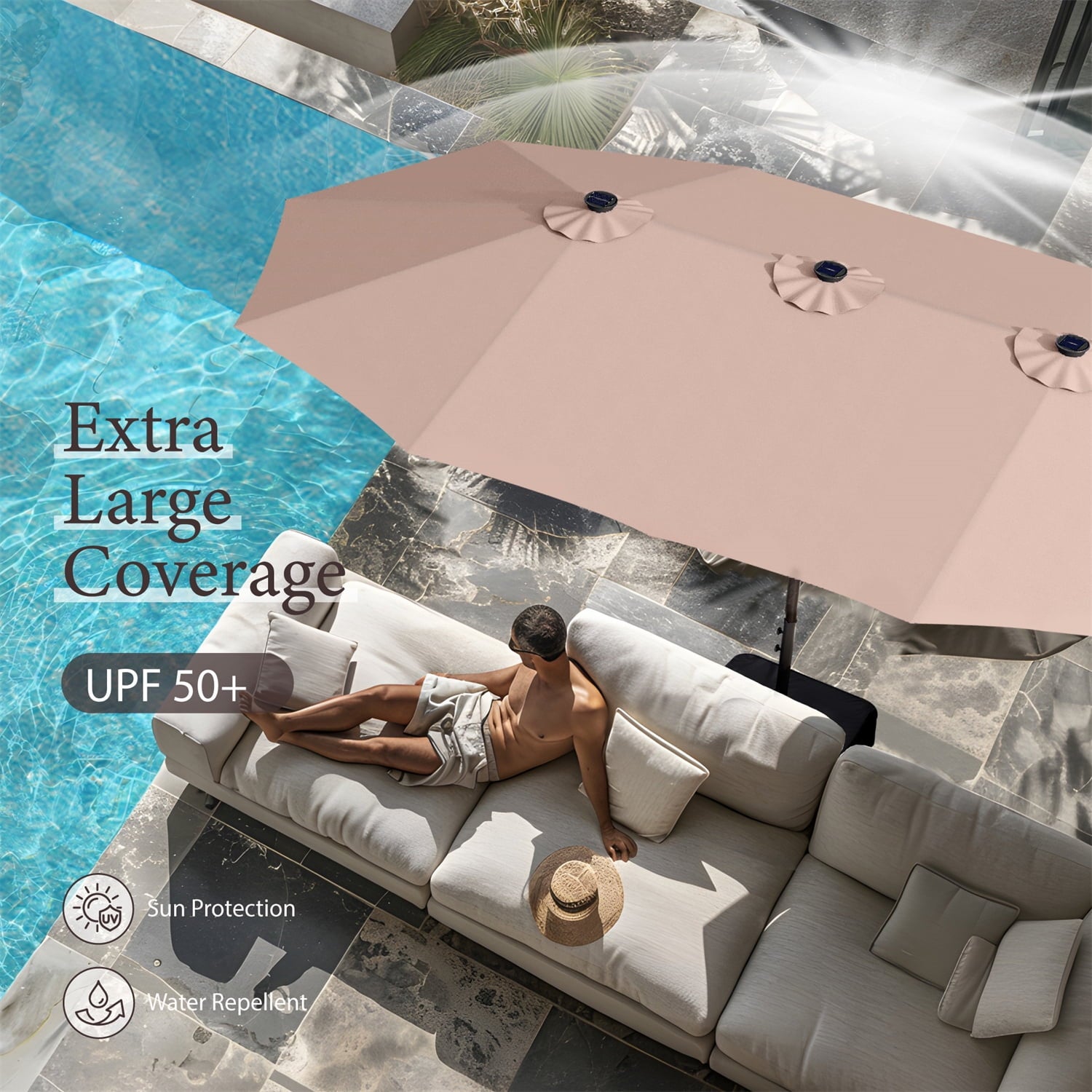 SUMMIT LIVING 15ft Double-Sided Solar Patio Umbrella with Base (Included) Large Outdoor Umbrella with Solar Lights - Beige