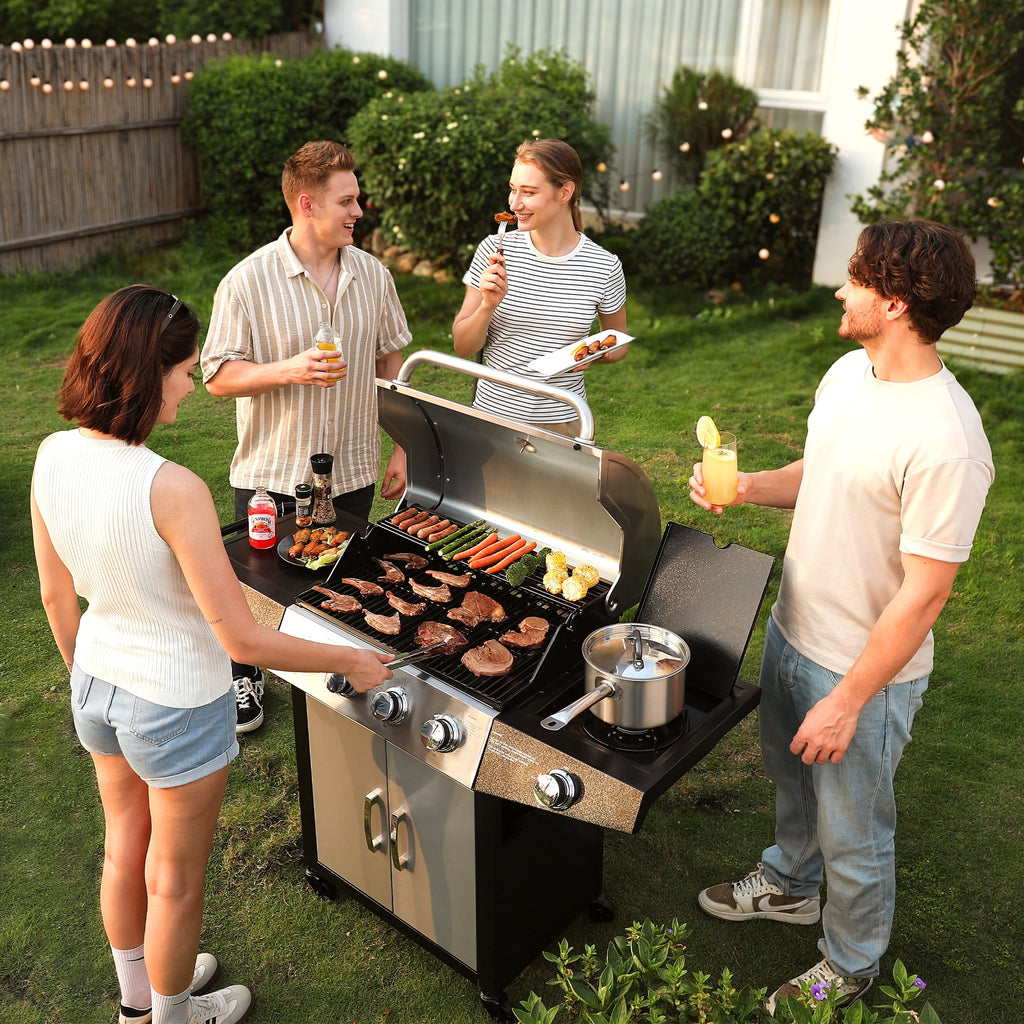 MASTER COOK 4+1 Burners Propane Gas Grill, 52,000 BTU Cabinet BBQ Grill with Side Stove, 518 Sqin Cooking Area, Stainless Steel