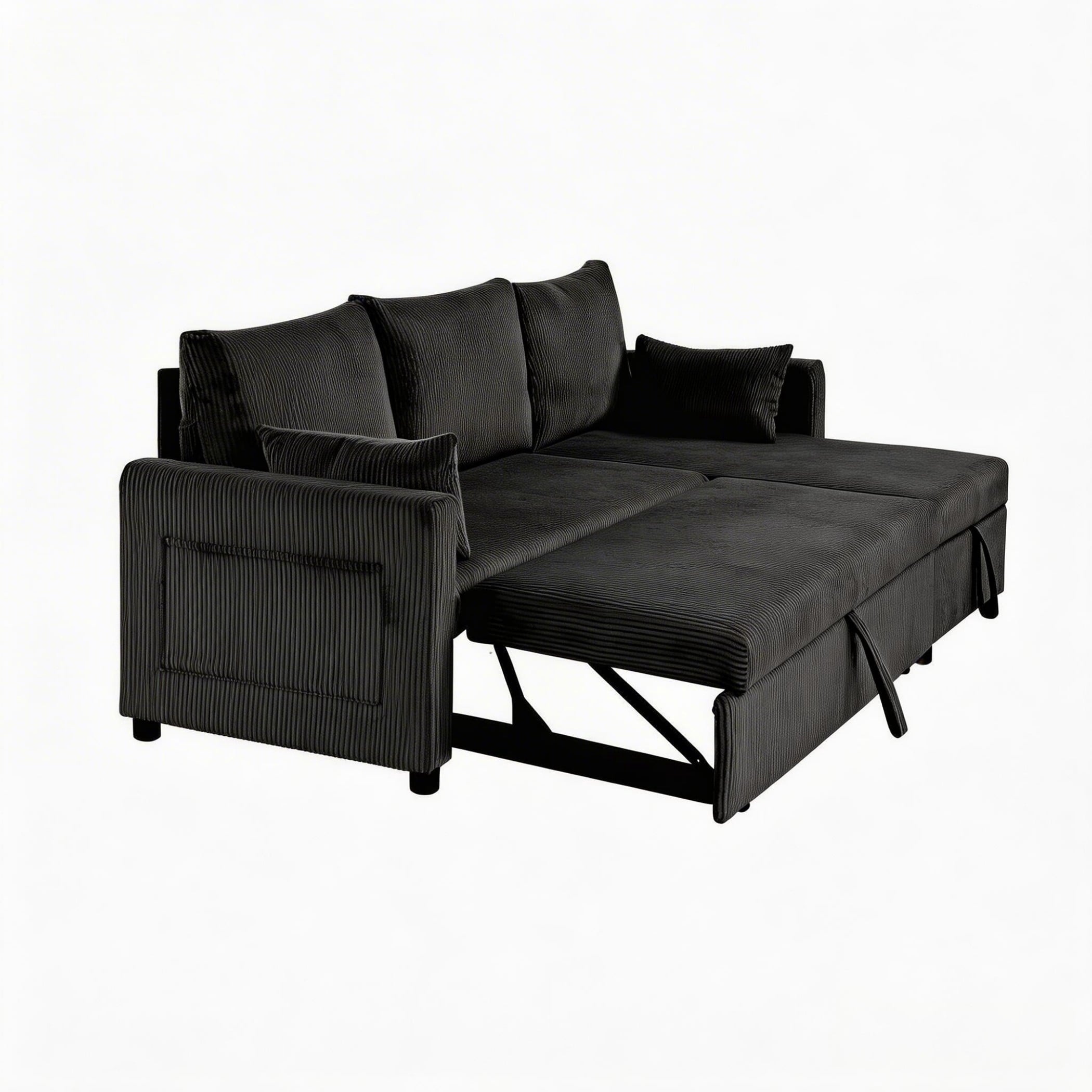 BSHTI L-Shaped Pull-Out Sleeper Sofa Bed with Storage Chaise, 3-Seater Convertible Corduroy Sectional Couch, Solid Wood & Iron Frame, Black