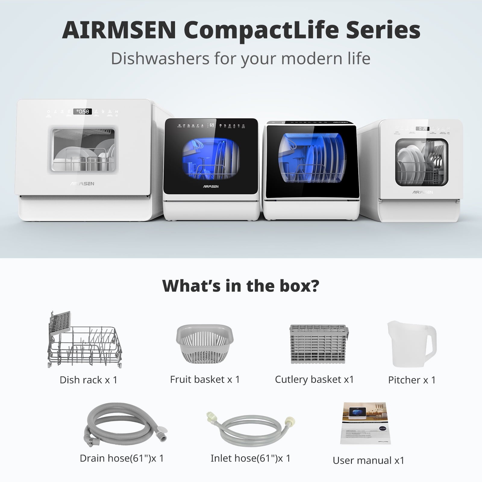 AIRMSEN Countertop Dishwasher with Salt Chamber, Portable Mini Dishwasher with 5L Built-in Water Tank, 18H Delay Start & ECO Mode, Ideal for Apartments & RVs, TDQR09