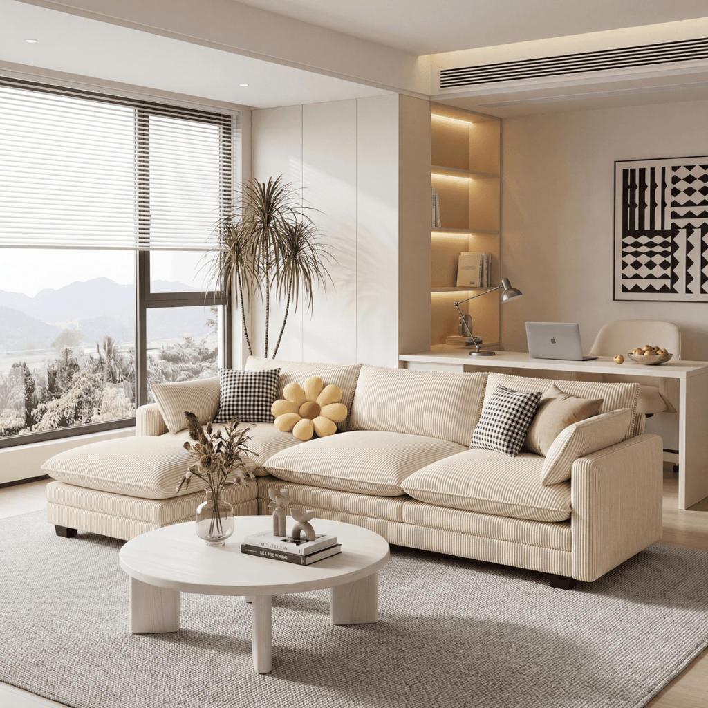 110'' Oversized L Shaped Couch for Living Room, Cloud Couches with Washable Corduroy Cover, Modern 4-Seater Comfy Deep-Seat Sofa with Movable Ottoman and 2 Throw Pillows for Apartment, Gray