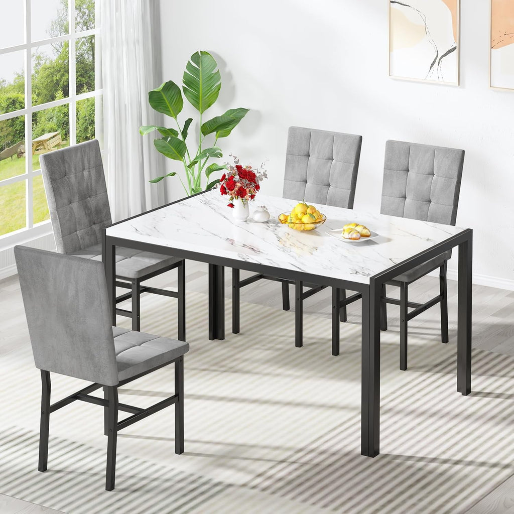LinkRomat 5-Piece Faux Marble Dining Table Set for 4, Modern Kitchen Table with Chairs, Dinette Dining Room Furniture Set for Compact Space Saving