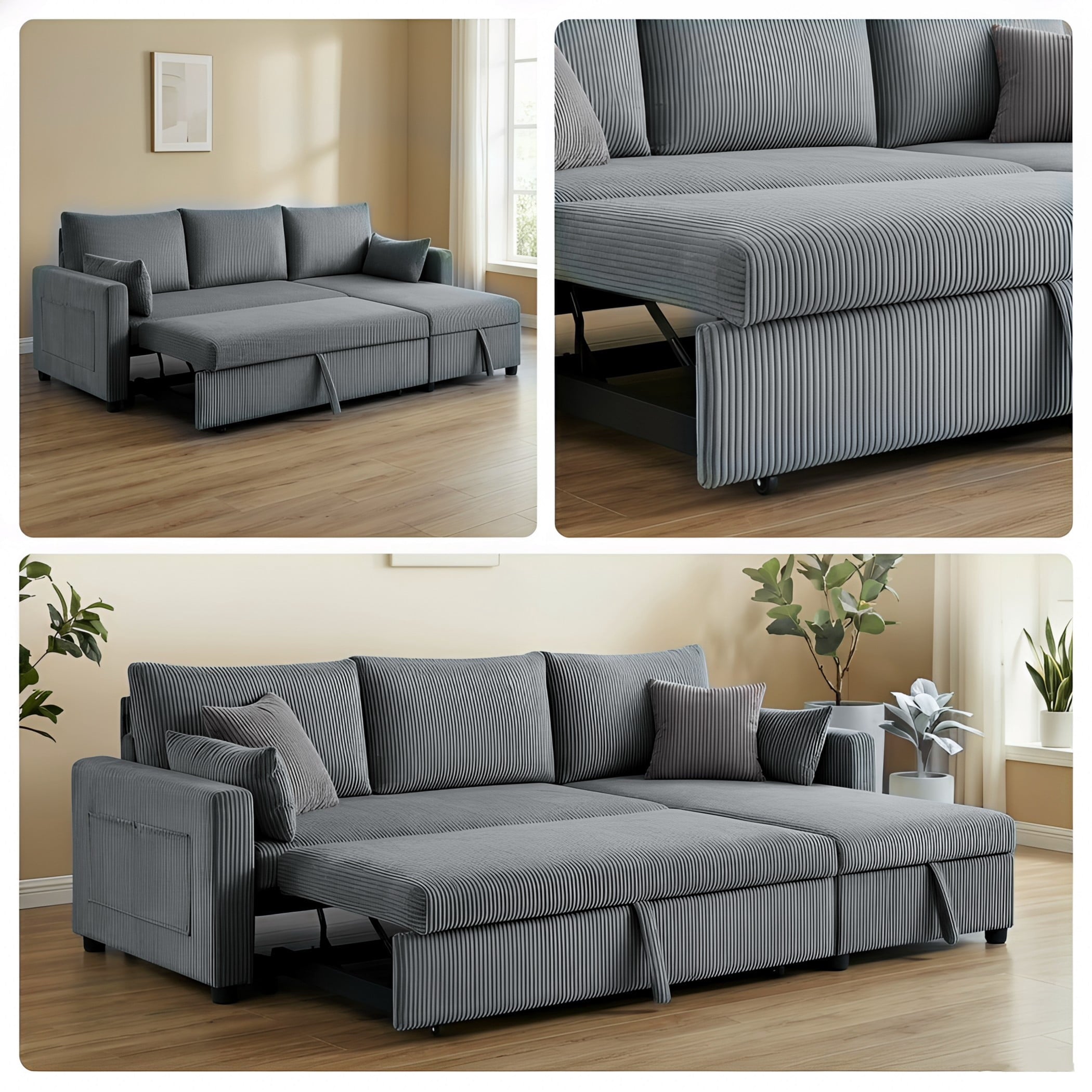 BSHTI L-Shaped Pull-Out Sleeper Sofa Bed with Storage Chaise, 3-Seater Convertible Corduroy Sectional Couch, Solid Wood & Iron Frame, Black