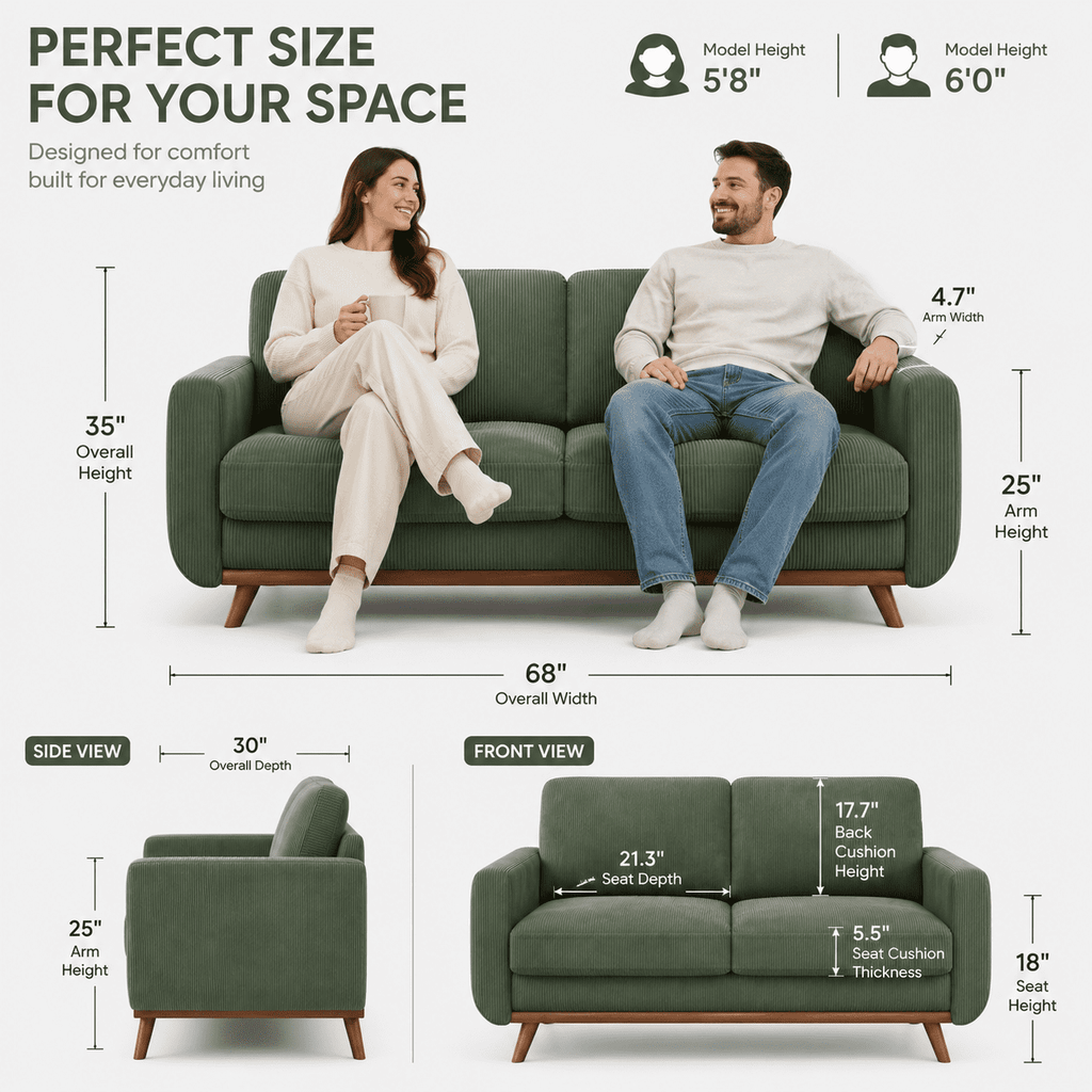 Neche 68 Corduroy Sofa for Living Room, 2 Seater Modern Couch for Small Space Office, Comfy Loveseat in a Box, Green