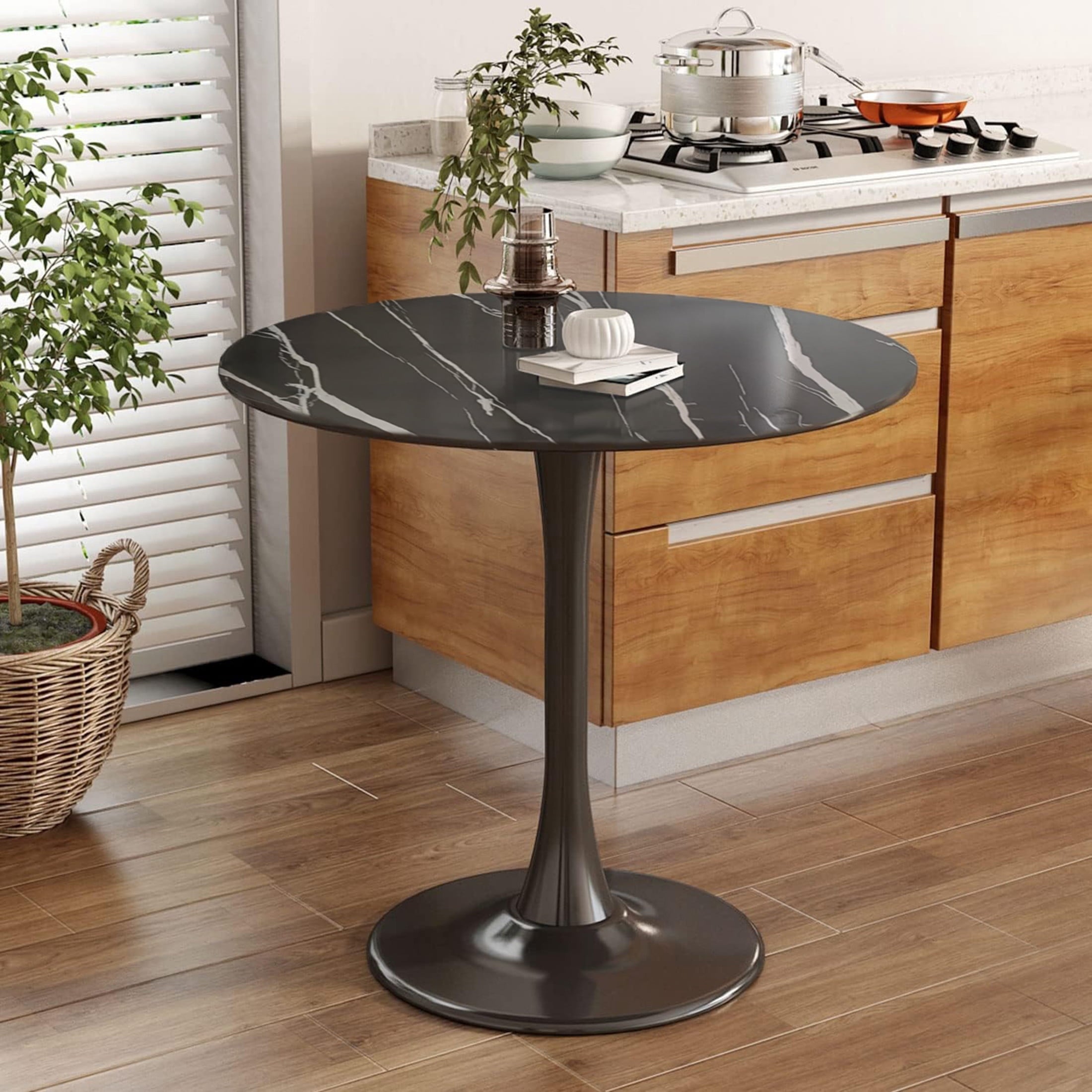 GDF Studio 24 Round Modern Dining Table, Wooden Top Tulip Table with Steel Pedestal Base, Kitchen Table, Walnut