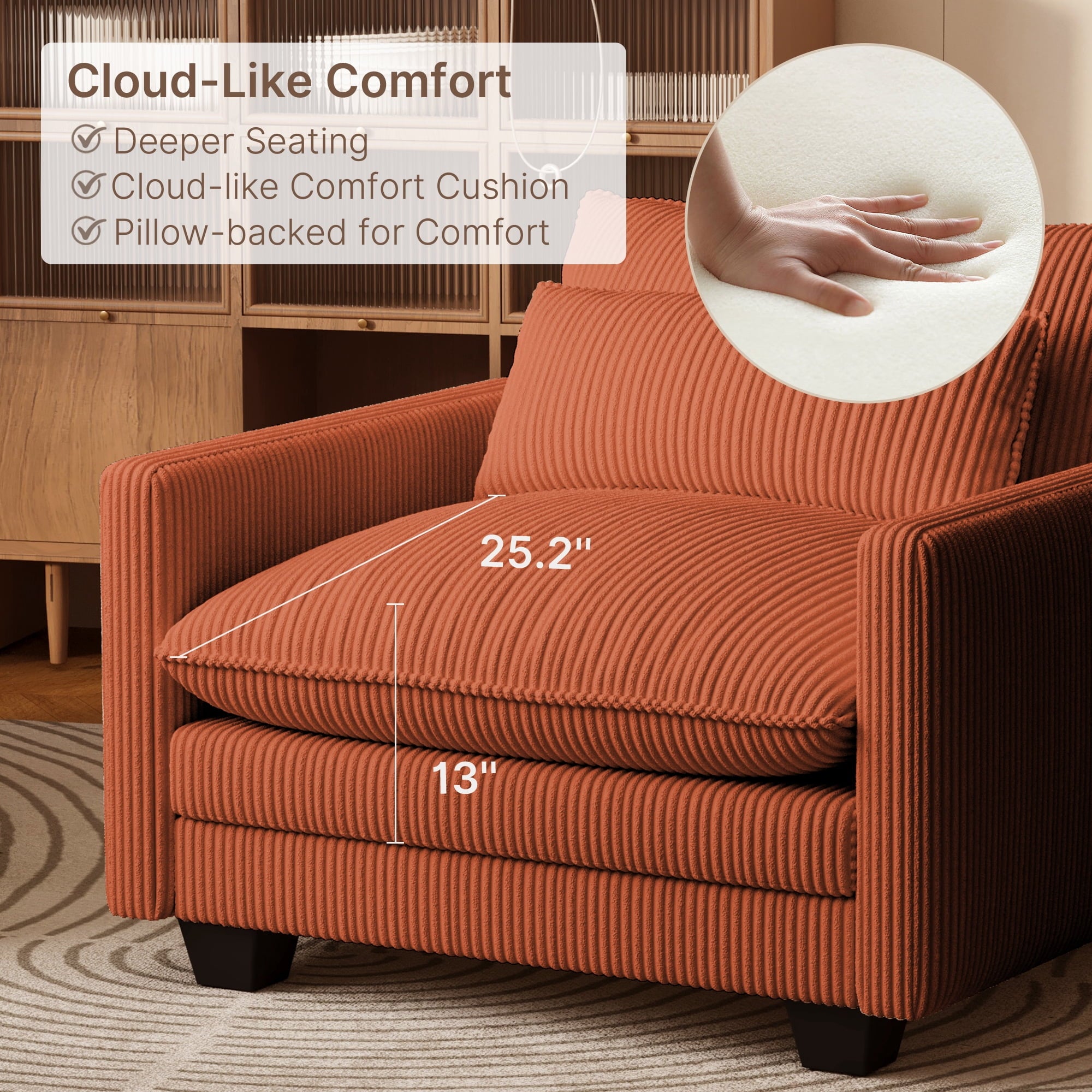 110'' Oversized L Shaped Couch for Living Room, Cloud Couches with Washable Corduroy Cover, Modern 4-Seater Comfy Deep-Seat Sofa with Movable Ottoman and 2 Throw Pillows for Apartment, Gray