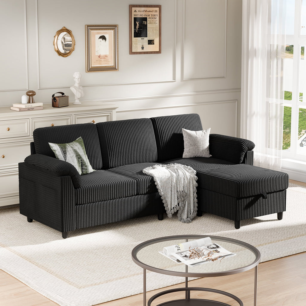 Walsunny 69 Convertible Sectional Sofa Couch with Storage Ottoman,L Shaped Sofa with Removable Pillows & Linen Fabric, Modern 3-Seat Couch with Reversible Storage Chaise,Dark Gray