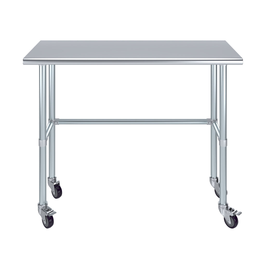 AmGood 36 Long x 30 Deep Stainless-Steel Work Table with Open Base and Wheels, Mobile Metal Table