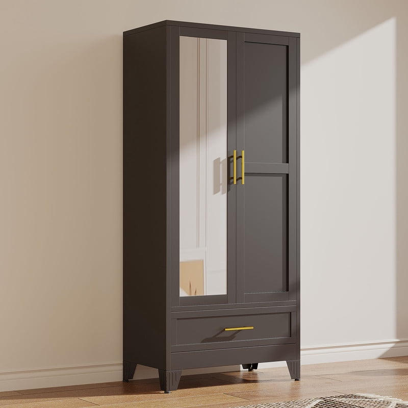Ero Metal Freestanding Armoire Wardrobe Closet with Hanging Rod and Mirror