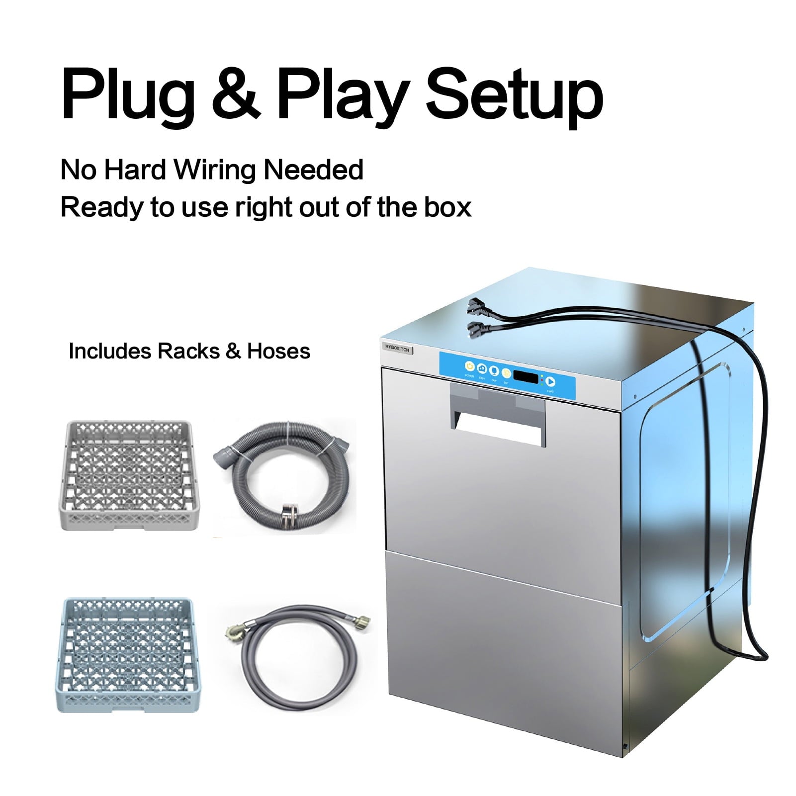 Commercial-Grade Dishwasher/Glasswasher with Plug, Built-in Booster & Drain Pump, Built-in Detergent & Rinse Aid Pumps, Up to 40 Racks/Hr, 208~240V