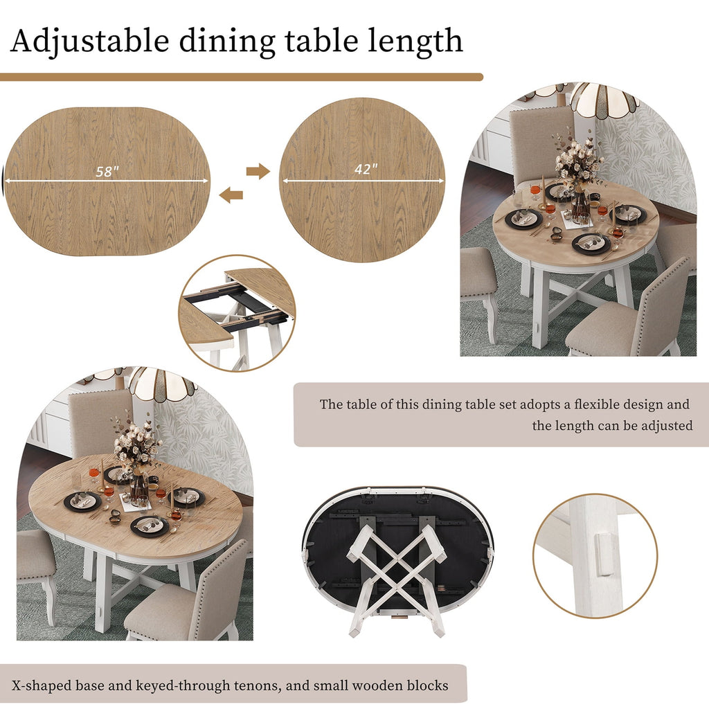 Harper & Bright Designs Extendable Dining Table Set for 4 Upholstered Chairs Functional Retro Style Table for Dining Room Kitchen, Natural Wood Wash