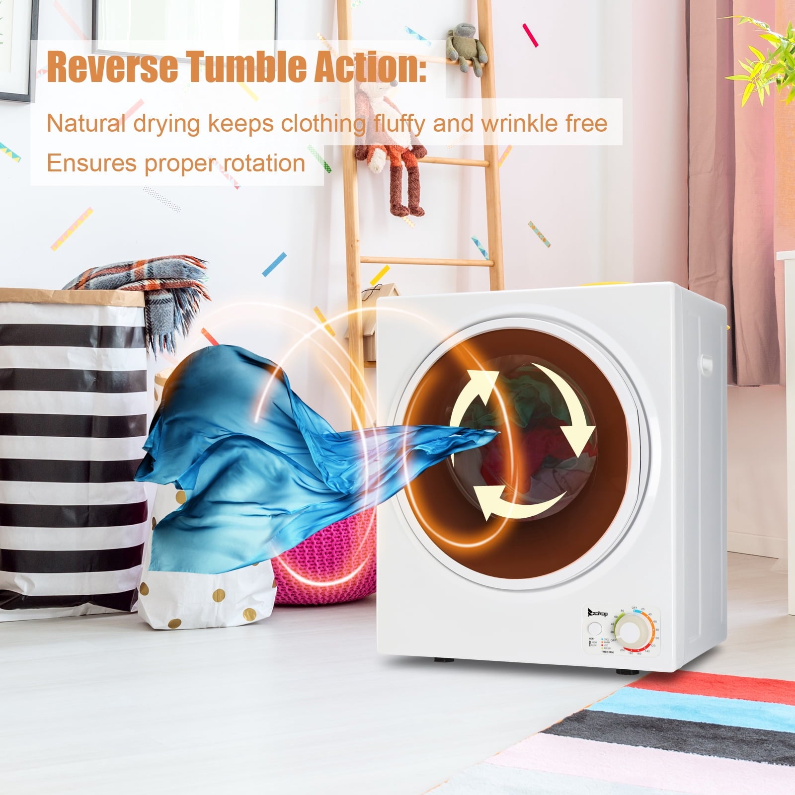 Tcbosik ZOKOP 1.6 cuft Compact Portable Household Clothes Dryer, 120V Stainless Steel Drum Dryer for Apartments, Home, Dorm, MECHANICAL Control and ETL Certification, Black & White