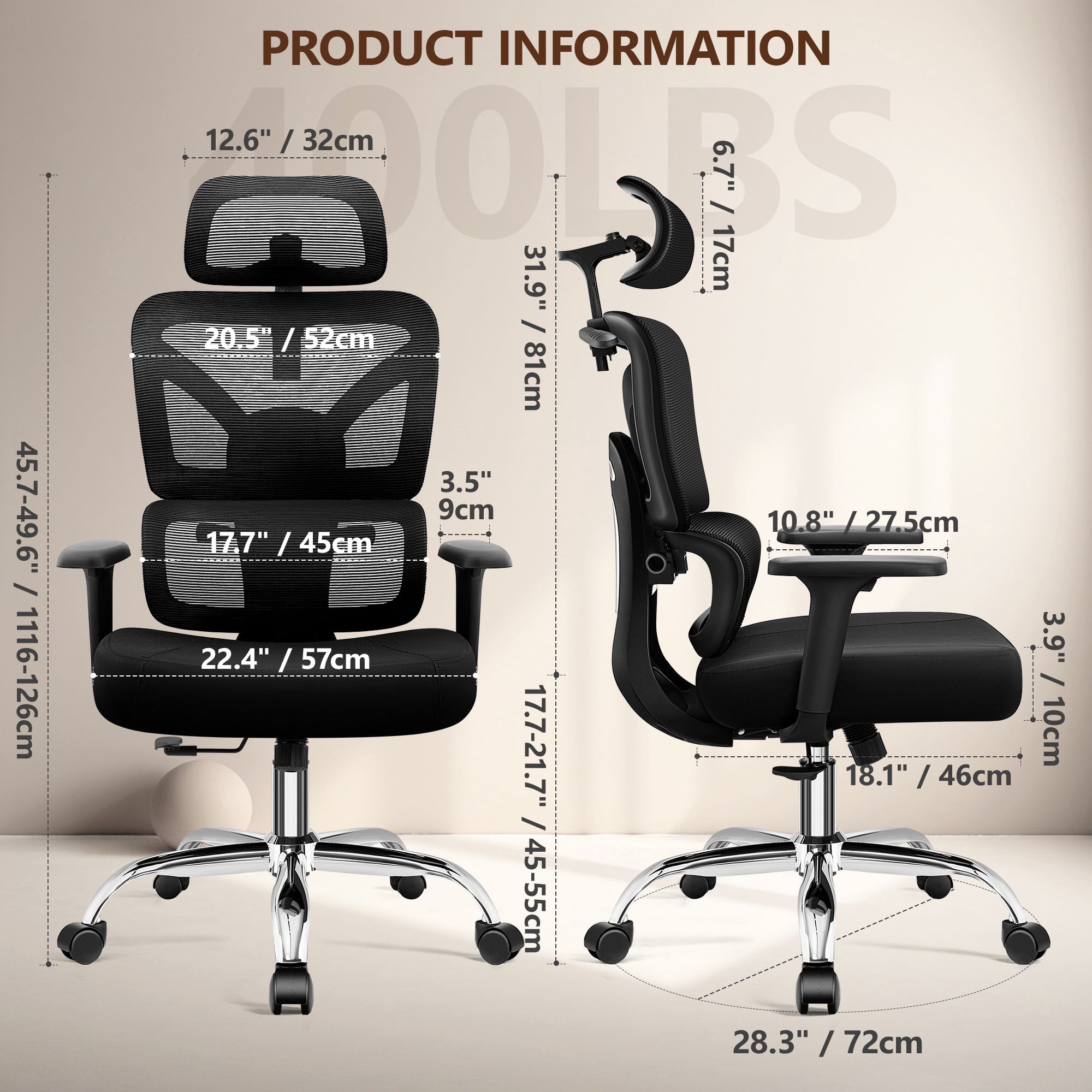 COOLHUT Ergonomic Mesh Office Chair with Footrest, Big and Tall Computer Desk Chair with Adjustable Lumbar Support, Headrest and Armrest, High Back Home Office Chair for Workspace, 300LBS, Black