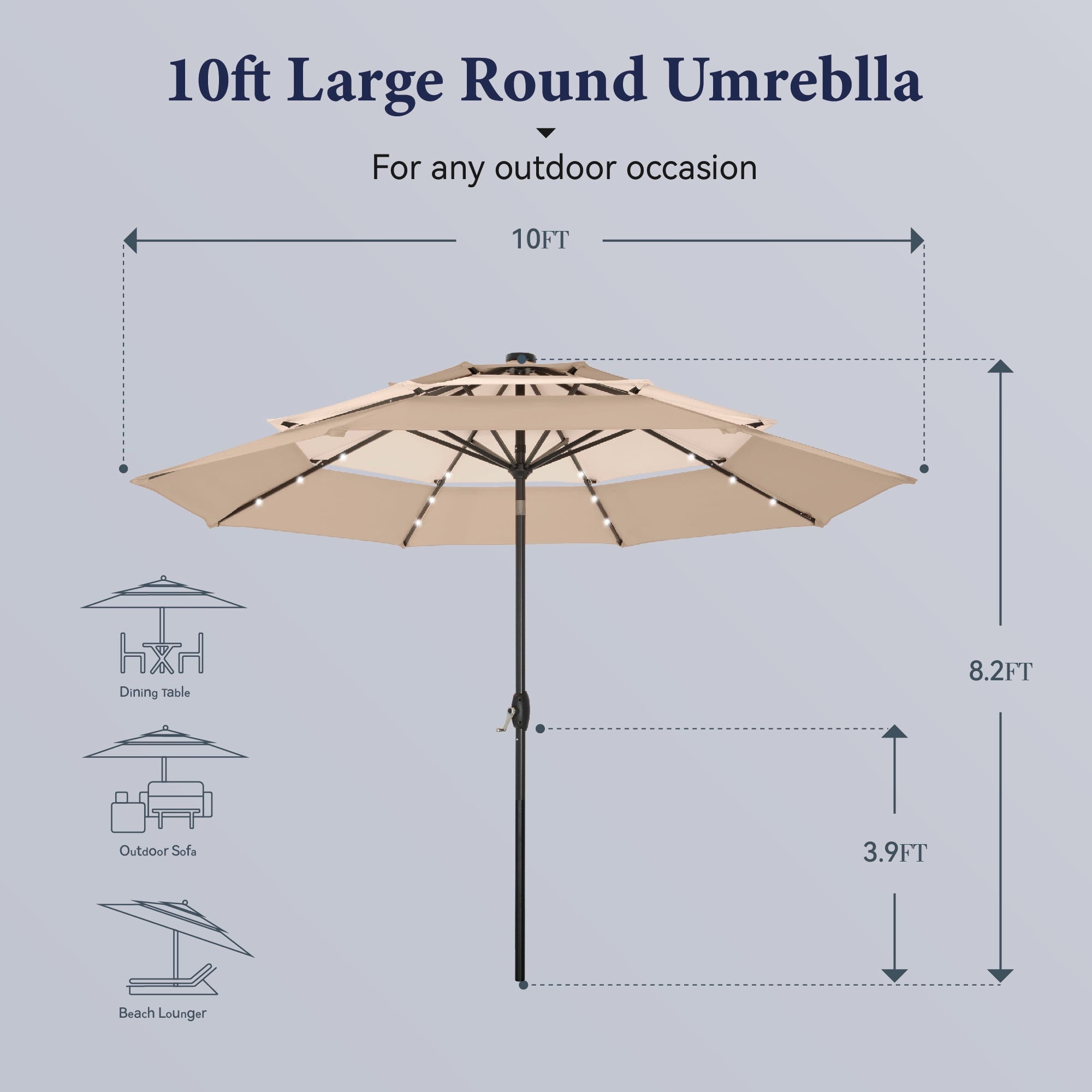 Summit Living 10ft Patio Umbrella with Solar Lights 3-Tier Vented Outdoor Market Umbrella with Auto-Tilt – Beige