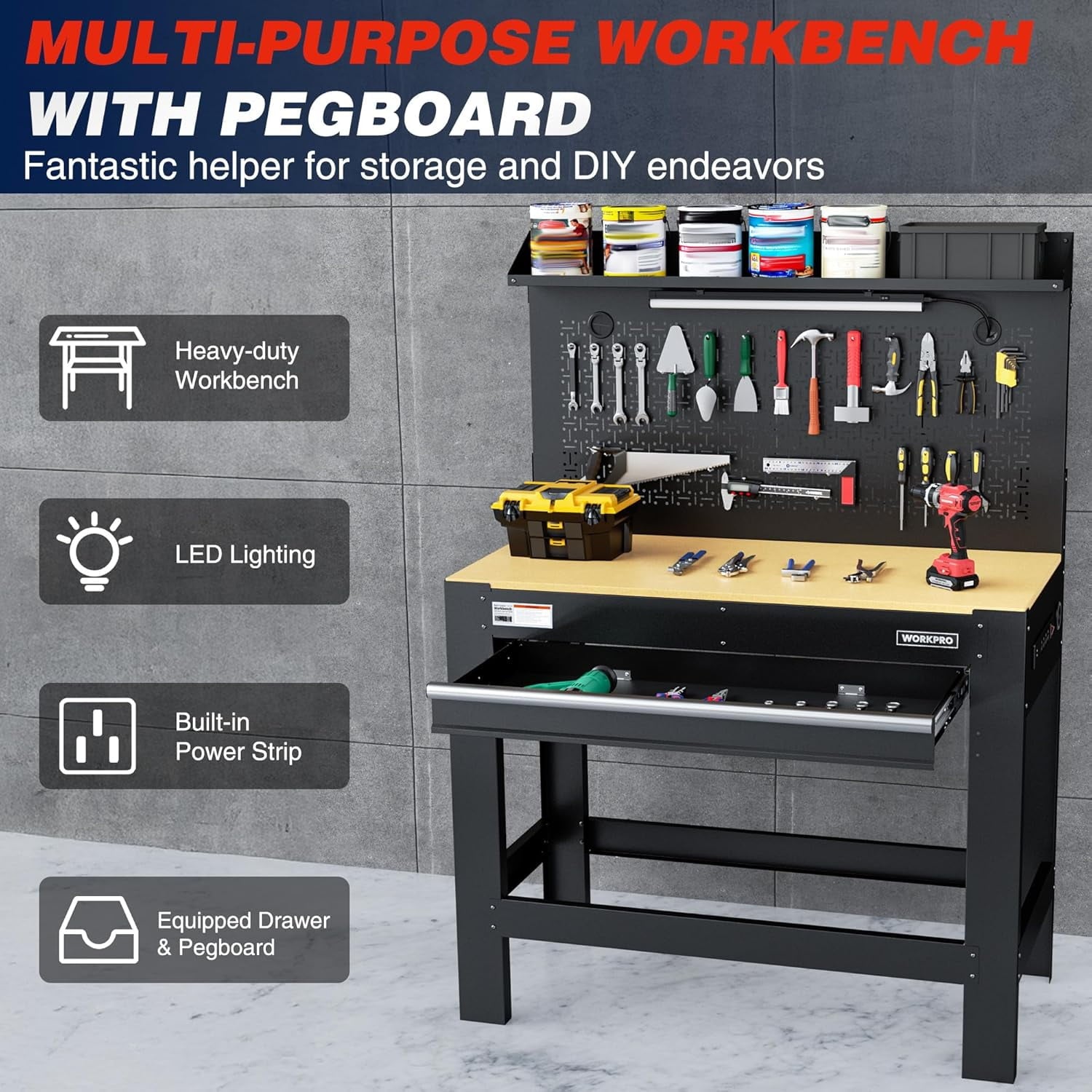 WORKPRO 45 Garage Workbench with Storage, Heavy-Duty Workbench with Pegboard, Power Outlets and Light, 800 LBS Work Bench for Garage, Warehouse, Workshop, Repair Shop