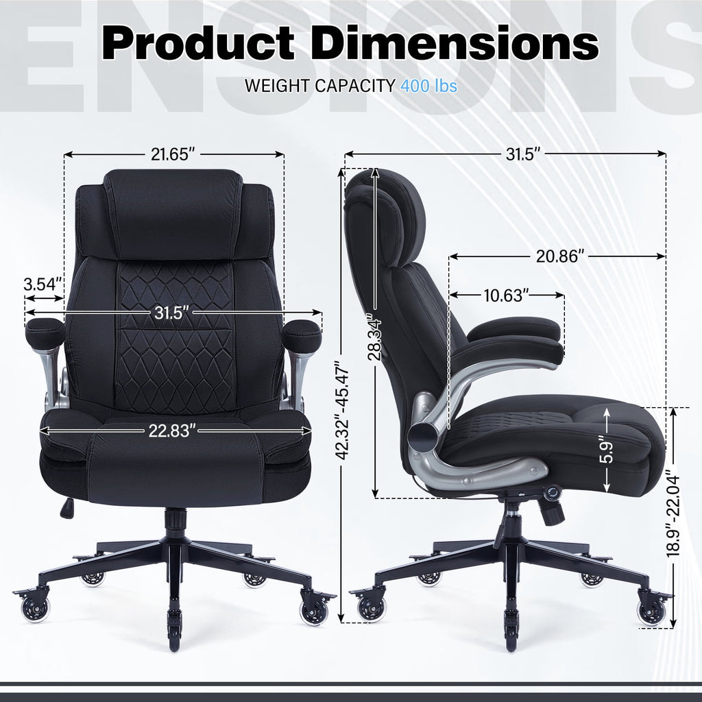 High Back Office Chair with Lockable Wheels, 400lbs Large Fabric Executive Desk Chair, Adjustable Lumbar Support Flip up Arms, Ergonomic Home Office Computer Chair with Storage Pocket, Black