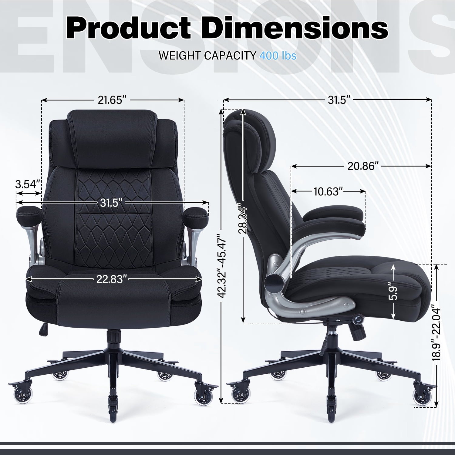 High Back Office Chair with Lockable Wheels, 400lbs Large Fabric Executive Desk Chair, Adjustable Lumbar Support Flip up Arms, Ergonomic Home Office Computer Chair with Storage Pocket, Black