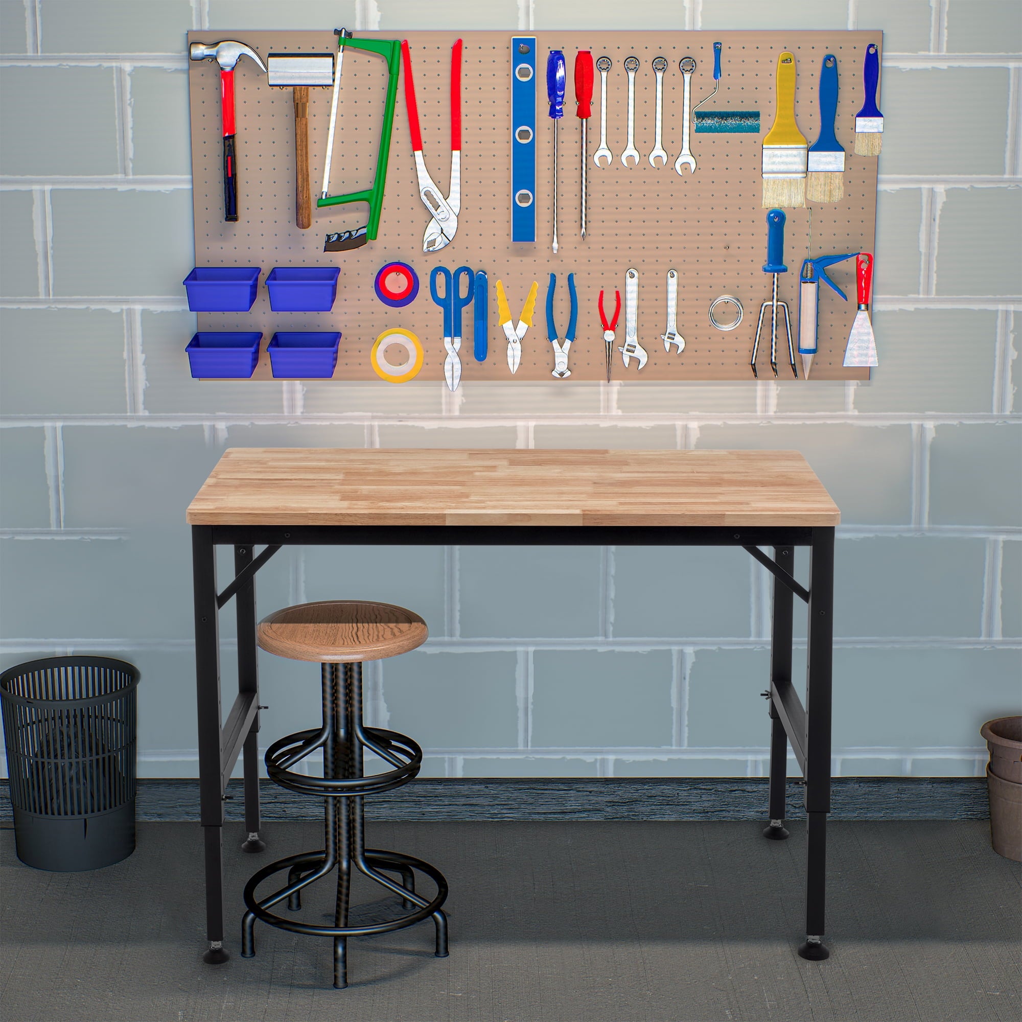 Black Metal & Wood 48 in Heavy-Duty Adjustable Workbench for Garage - 2000+ Lbs Capacity