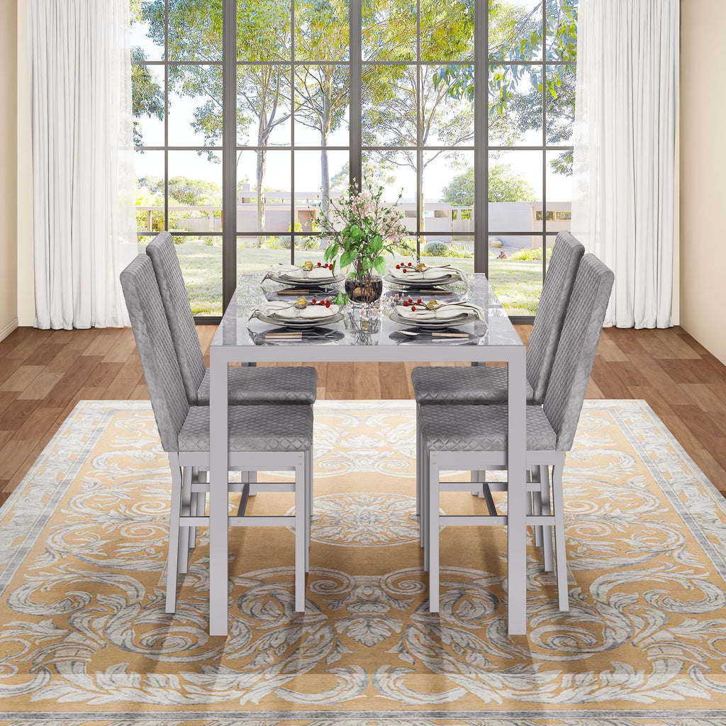 Baxluxe Dining Table Set for 4, Modern 5 Piece Dining Table Set, Faux Marble Kitchen Table and 4 Velvet Upholstered Chairs for Apartments, Dining Rooms, Small Spaces, Gray