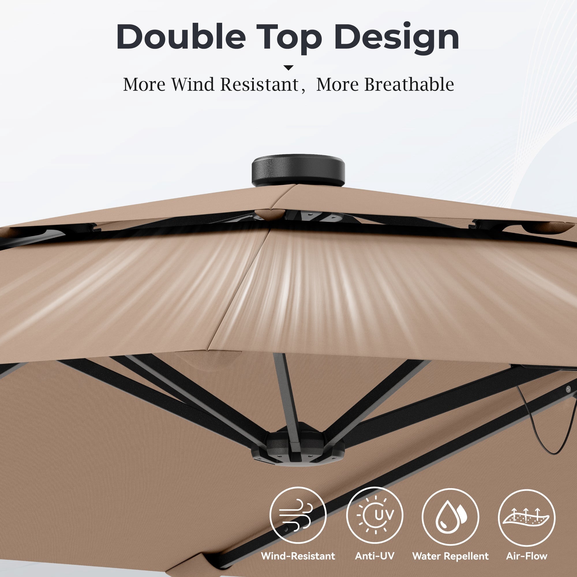 Alpha Joy 15ft Dual-Layer Extra Large Outdoor Patio Umbrella Double-Sided Ventilation Umbrella with Led Lights & Umbrella Base, Beige