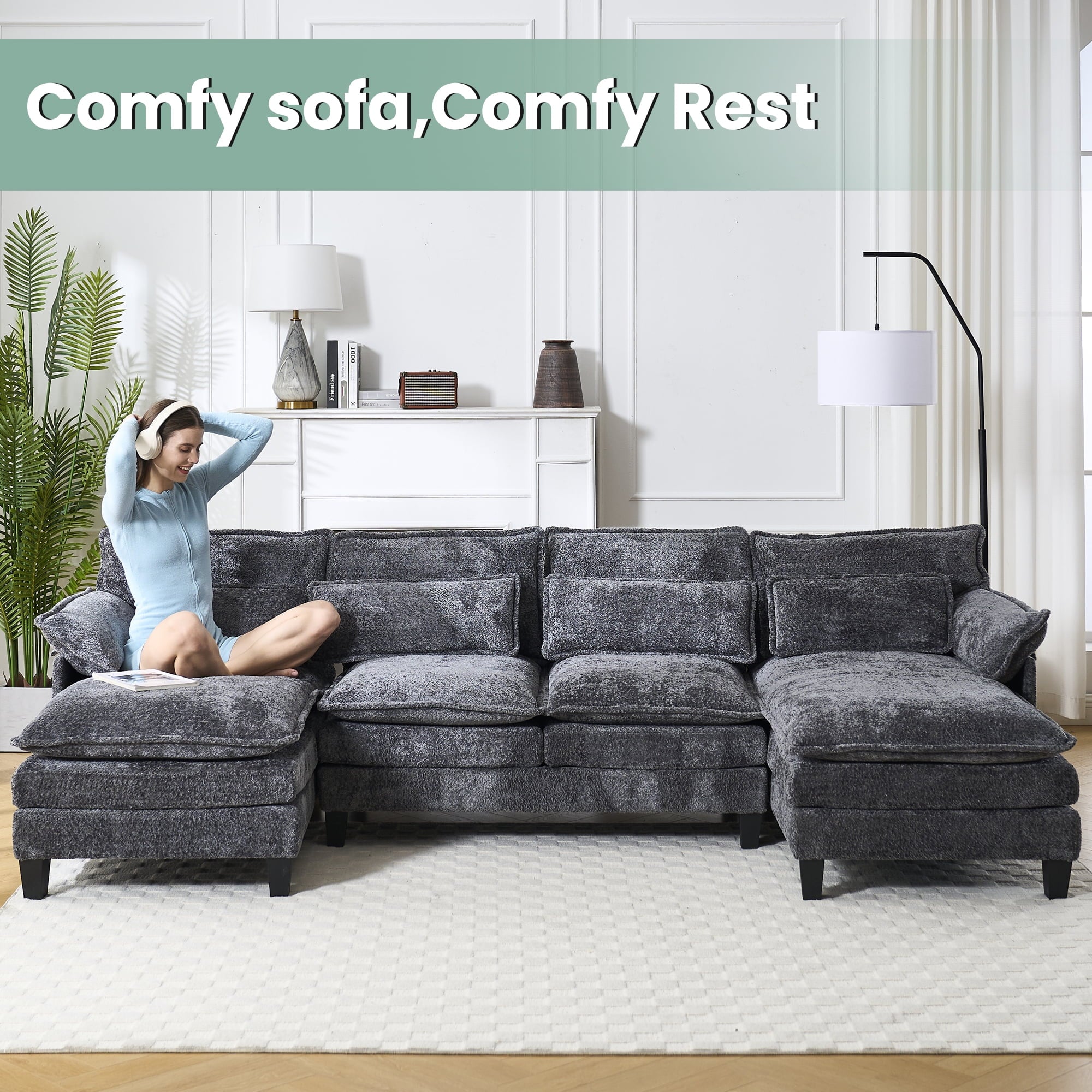 JONPONY109.45 U Shaped Couch,Oversized 4 Seat Sectional with 4 Waist Pillows, Convertible Upholstery Symmetrical Sofá,Sleeper Sofa Couch with Double Chaise Lounge &Memory Foam for Living Room, Beige
