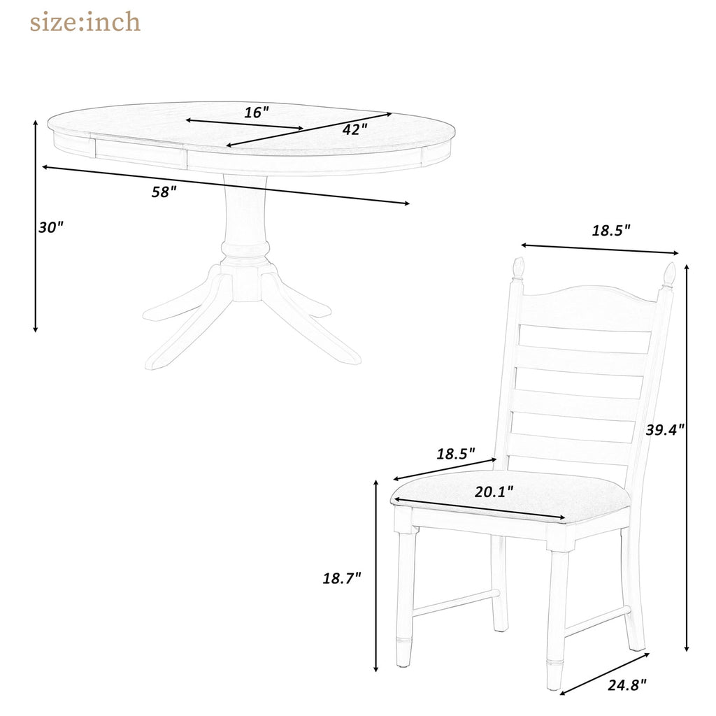 Harper & Bright Designs Farmhouse 5 Piece Kitchen Dining Table Set for 4, Solid Wood Extendable Round Dining Table Set and 4 Upholstered Chairs, Retro Dining Set for Kitchen, Natural Wood Wash