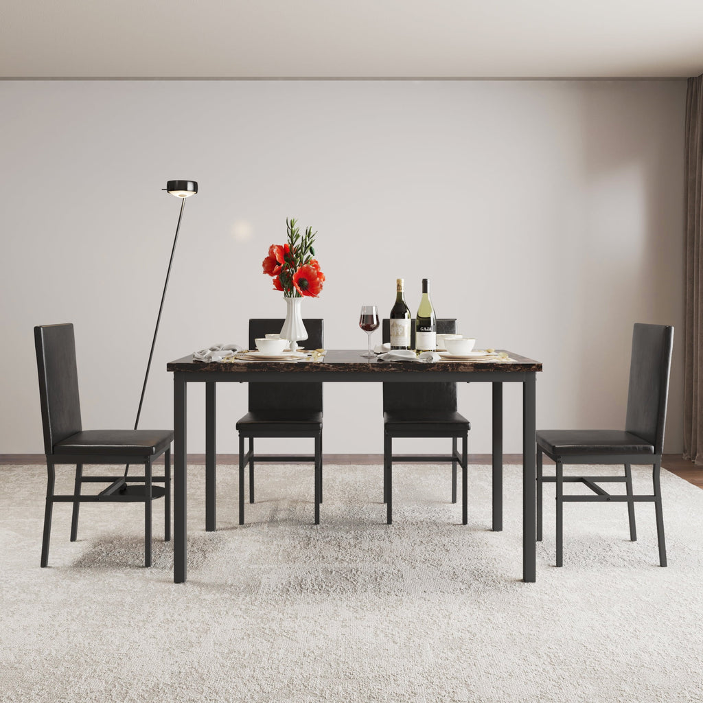 UHOMEPRO Dining Table Set for 4, 5 Piece Dining Room Table Set with Gray Velvet Upholstered Chairs, White Faux Marble Pattern Rectangle Kitchen Table Set for Breakfast Nook Small Space
