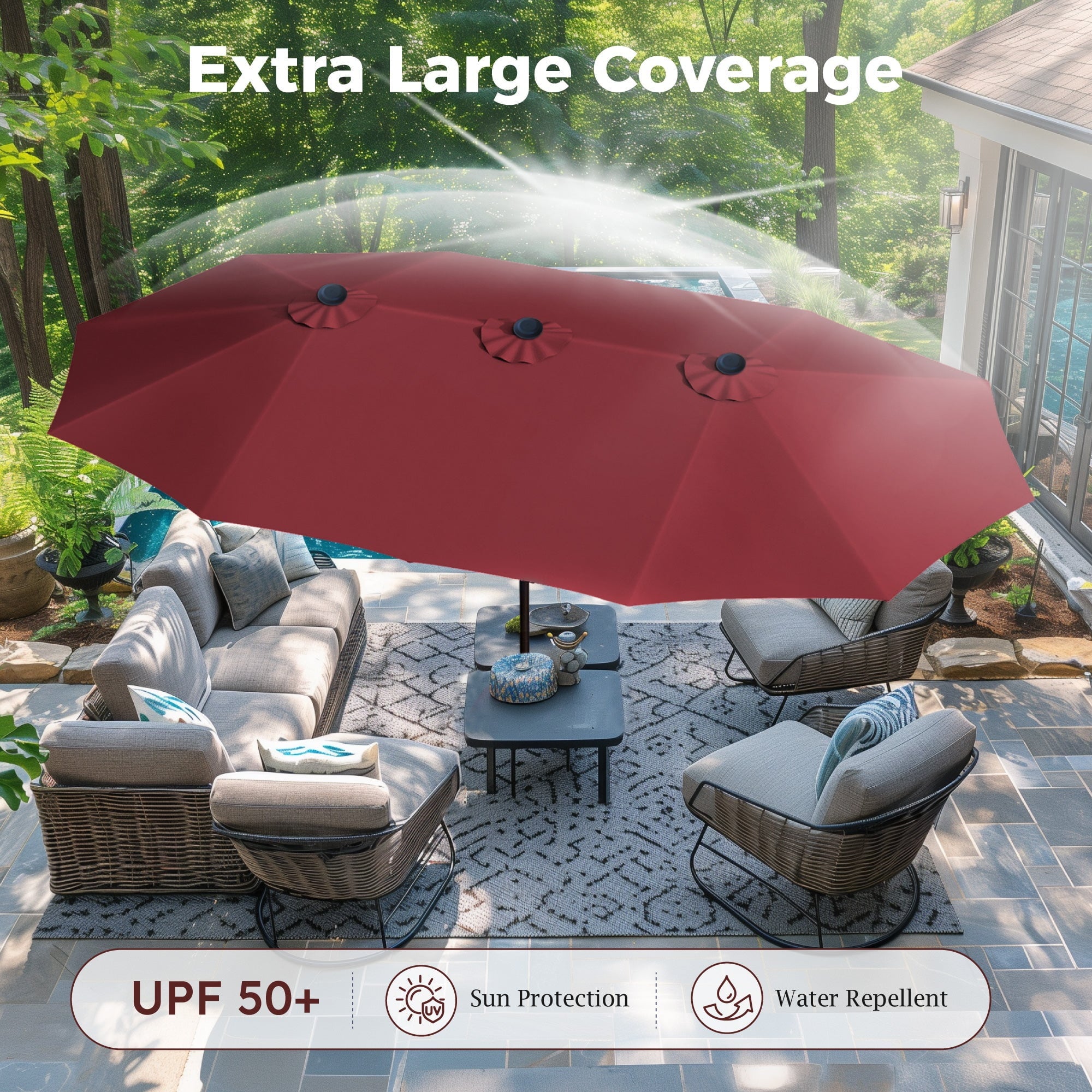 Alpha Joy 15ft Outdoor Patio Umbrella Extra-Large Double-Sided Garden Umbrella with Crank Handle and Base - Smoky Gray