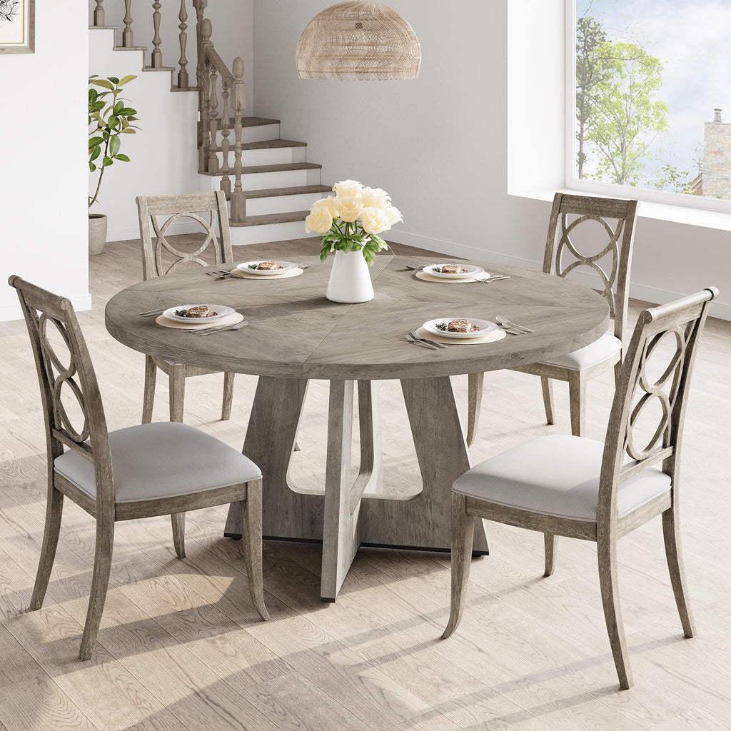 47'' Round Large Dining Table Set for 4 to 6,Mid Century Wood Dinner Table with Wide Tabletop and Cross Base,Dining Room Table for Home Dining Room or Living Room (No Chairs)