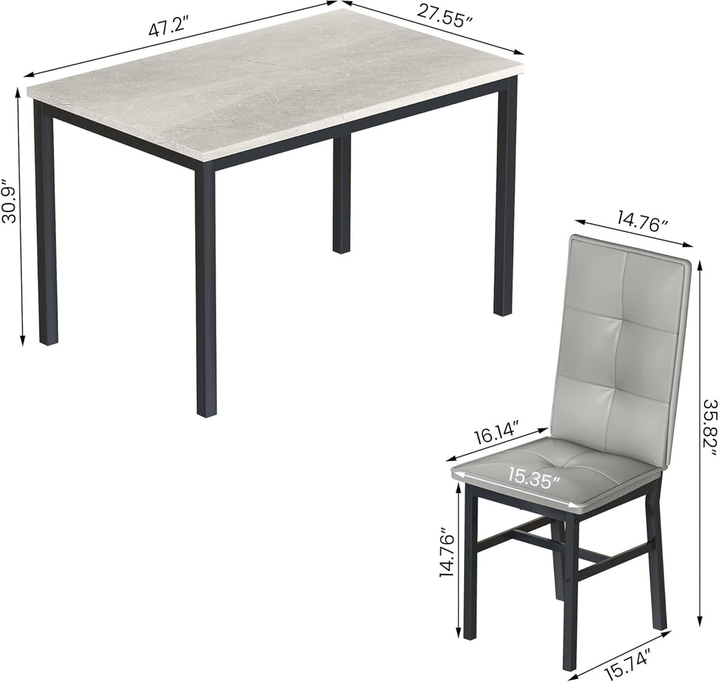 LinkRomat Dining Table Set for 4, Modern Faux Marble Tabletop and 4 PU Leather Upholstered Chairs, Kitchen Table and Chairs for Dining Room Breakfast Nook, Gray