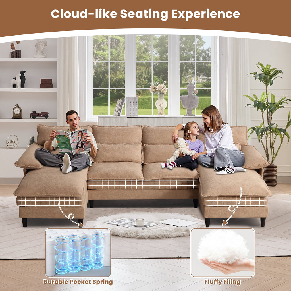 JONPONY109.45 U Shaped Couch,Oversized 4 Seat Sectional with 4 Waist Pillows, Convertible Upholstery Symmetrical Sofá,Sleeper Sofa Couch with Double Chaise Lounge &Memory Foam for Living Room, Beige