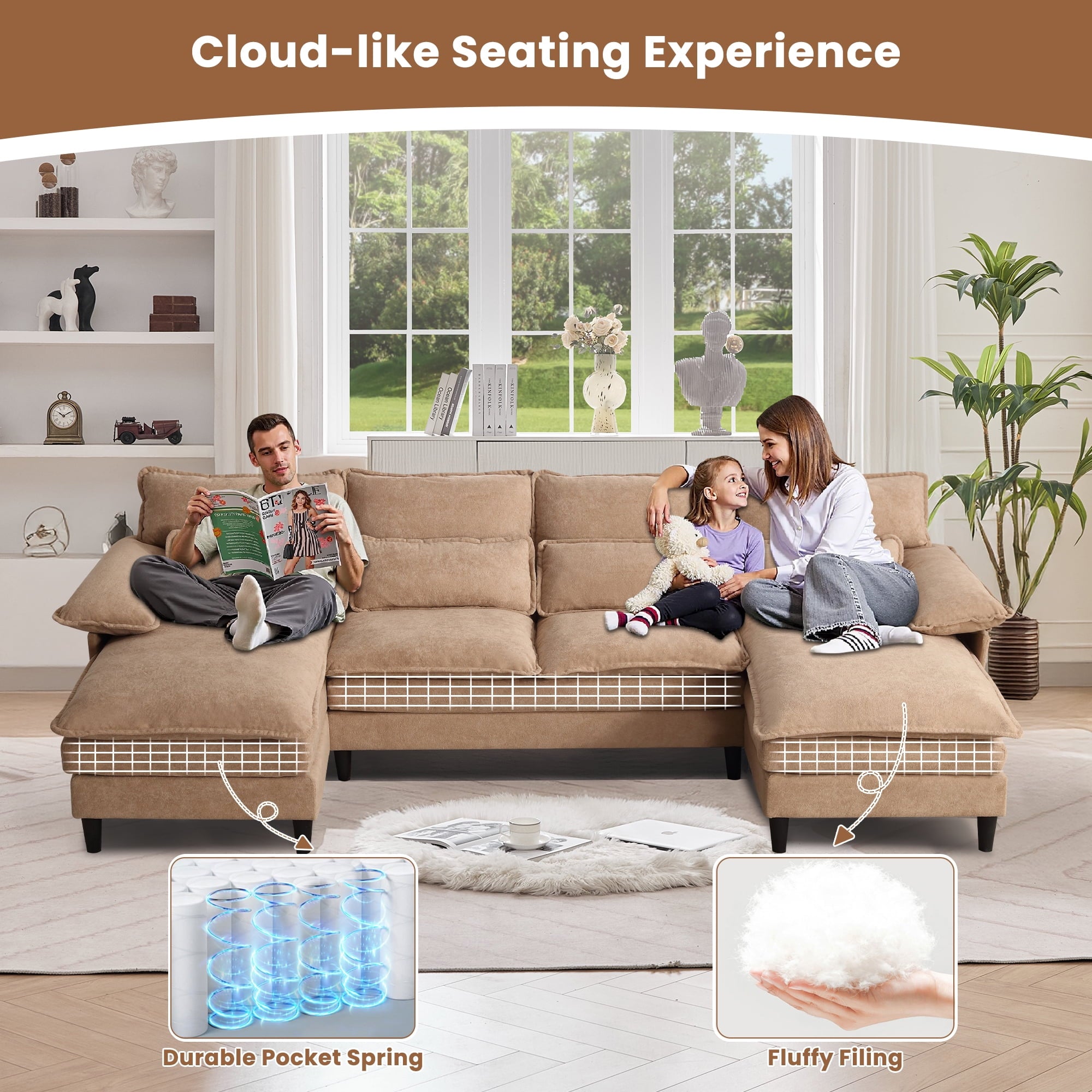 JONPONY109.45 U Shaped Couch,Oversized 4 Seat Sectional with 4 Waist Pillows, Convertible Upholstery Symmetrical Sofá,Sleeper Sofa Couch with Double Chaise Lounge &Memory Foam for Living Room, Beige