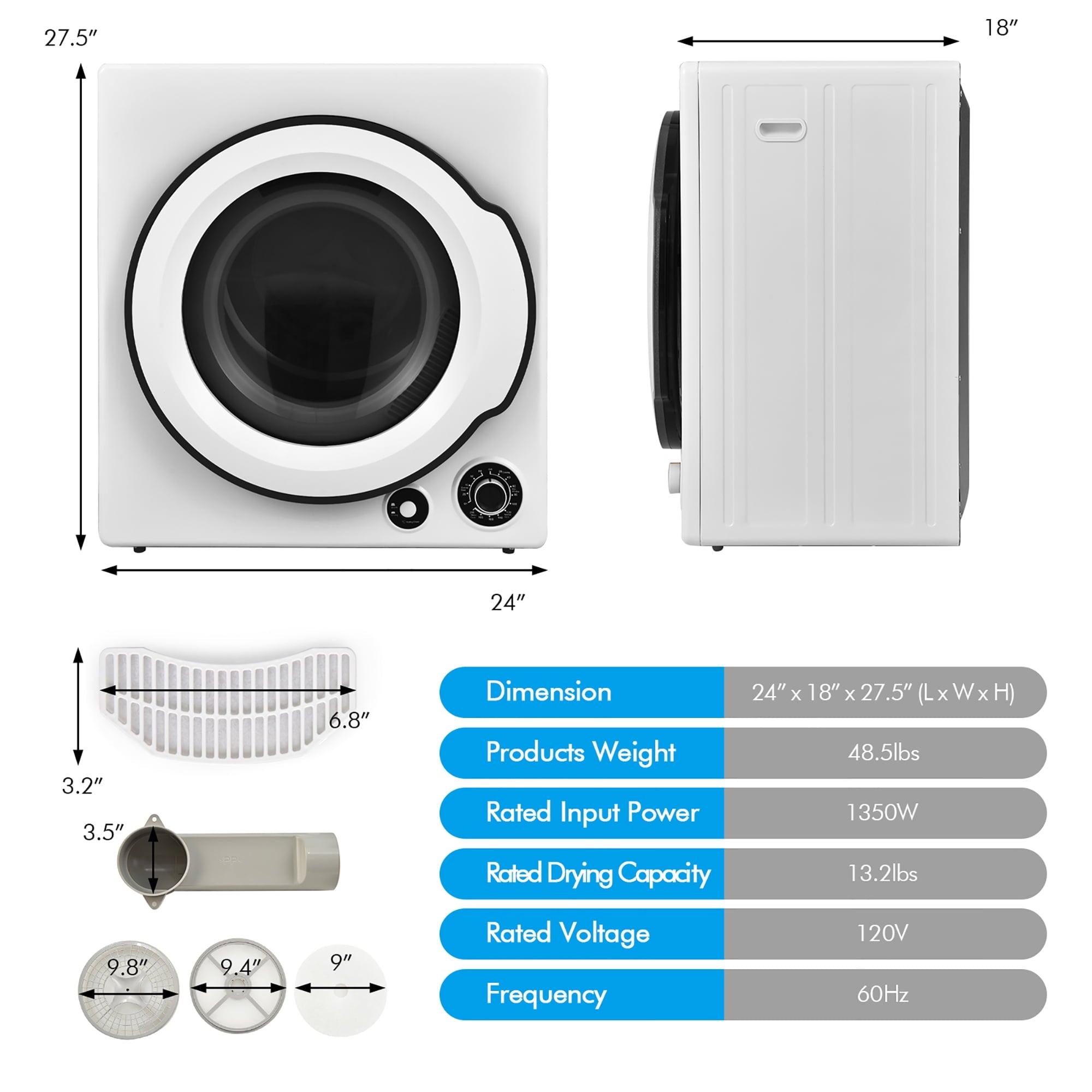 Costway 1350W Electric Compact Laundry Dryer 13.2 LBS Clothes Dryer 5 Drying Programs