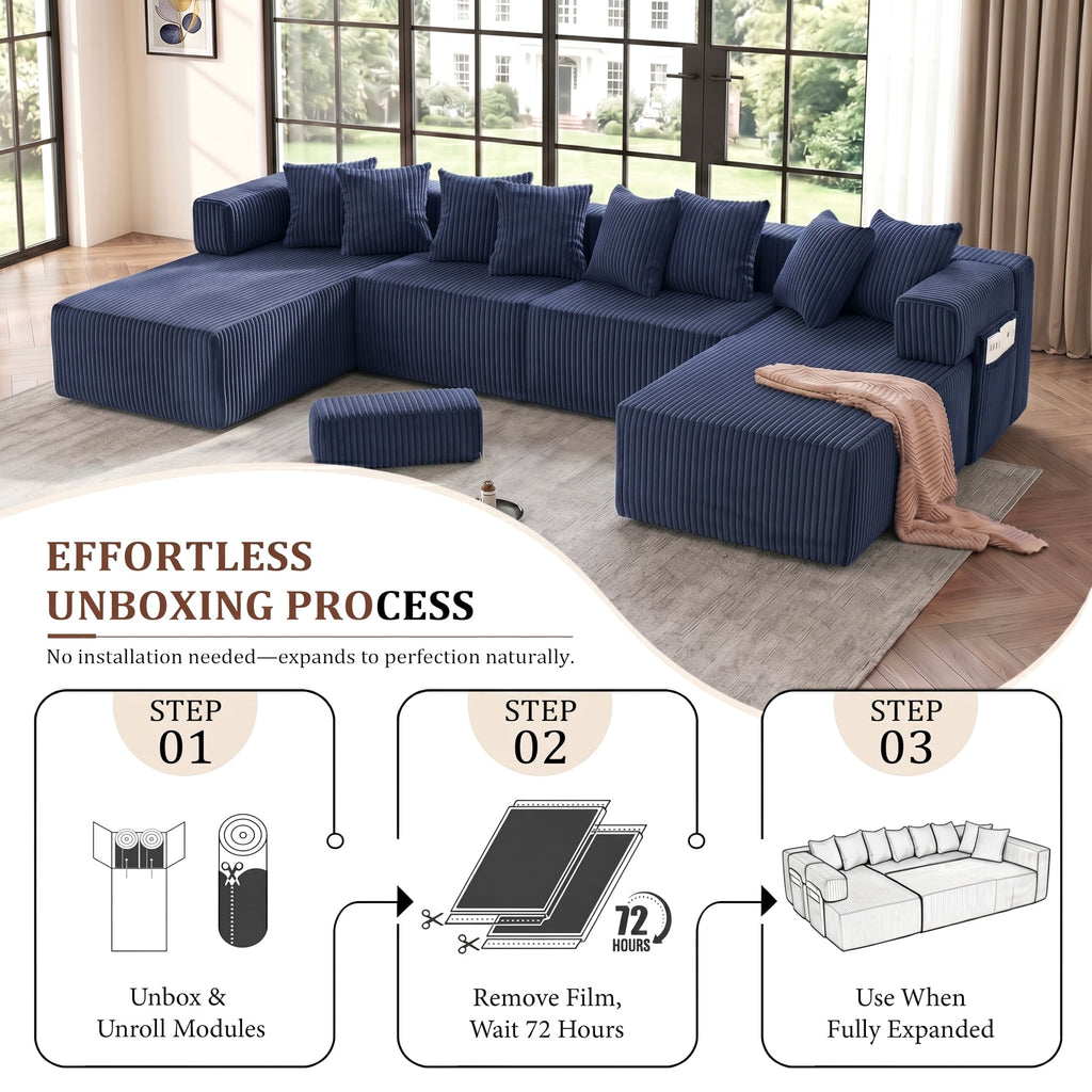 SOULART 138.5 U Shaped Sectional Couch,Gray Cloud Boneless Sofa For Living Room,Plush Corduroy Couches With Deep Seat Chaise Lounge,No Assembly Required