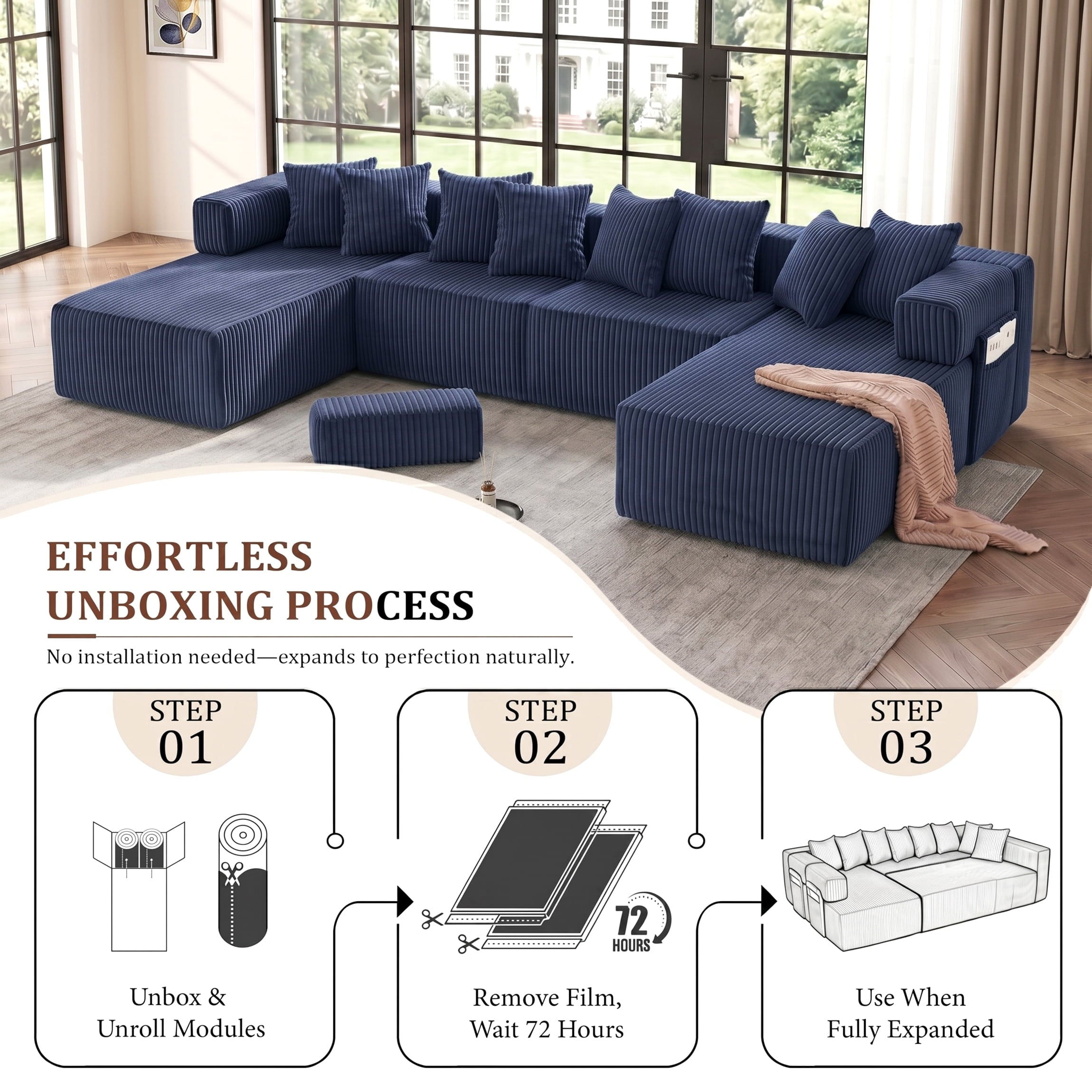SOULART 138.5 U Shaped Sectional Couch,Gray Cloud Boneless Sofa For Living Room,Plush Corduroy Couches With Deep Seat Chaise Lounge,No Assembly Required