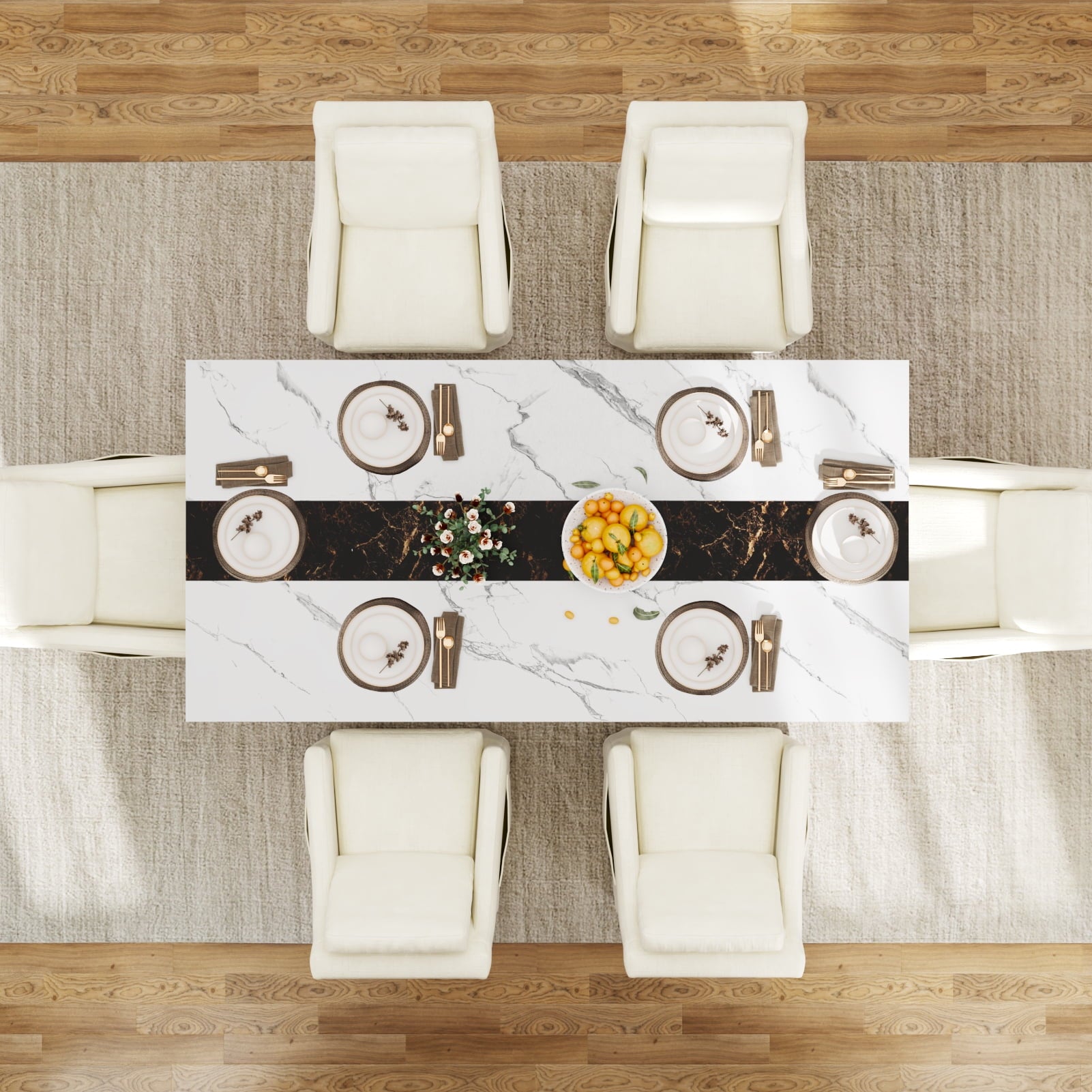 71 inch Large Rectangular Dining Table for 6-8 People, Dining Table with Marble-Color Wood Waterproof Tabletop and Adjustable Leg, 6ft Luxurious Family Dinner Table for Office Kitchen Living Room