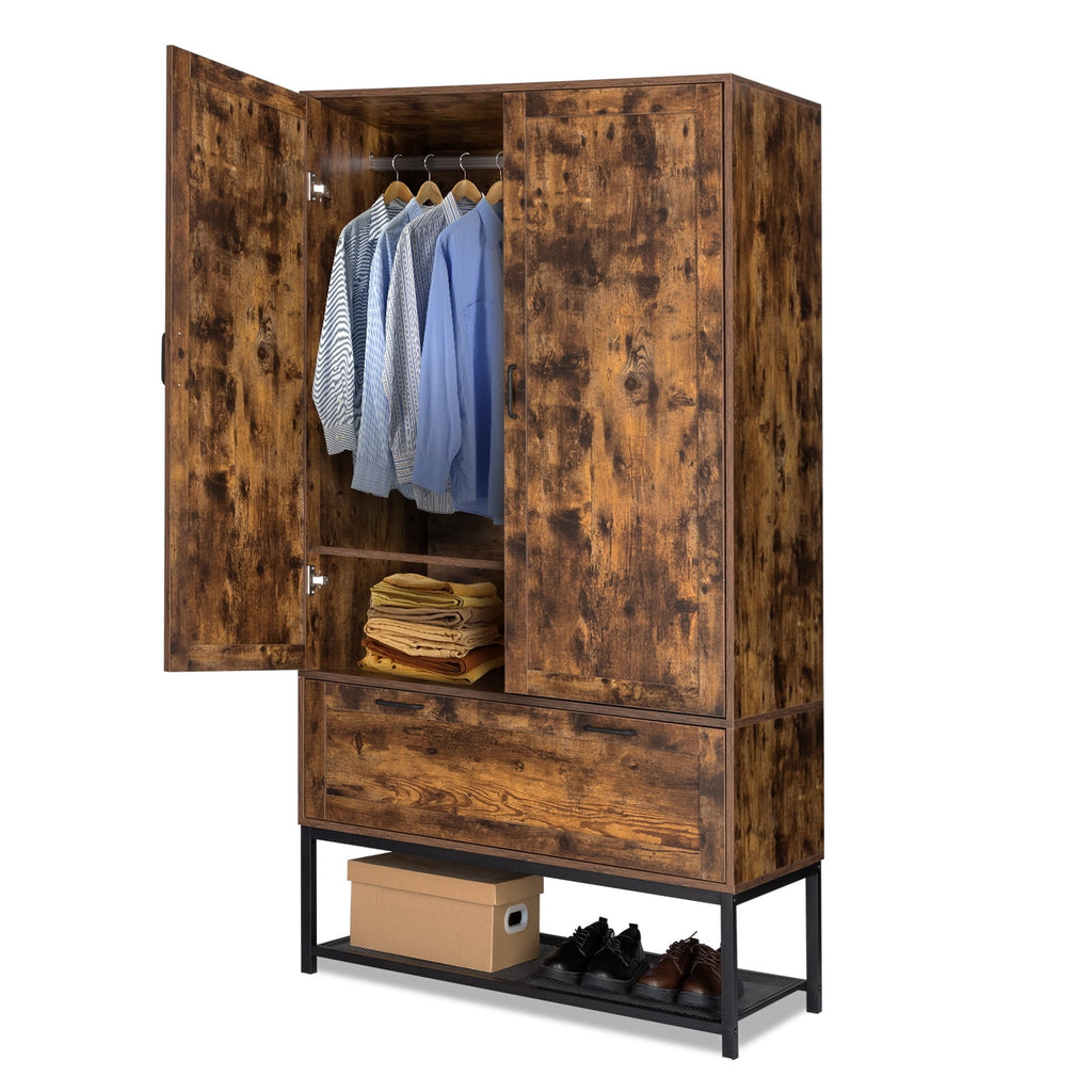 Ktaxon Wardrobe Armoire Closet with Hanging Rod, Modern Drawer & Shelf – Elegant White Finish Closet, Farmhouse to Mid-Century Style