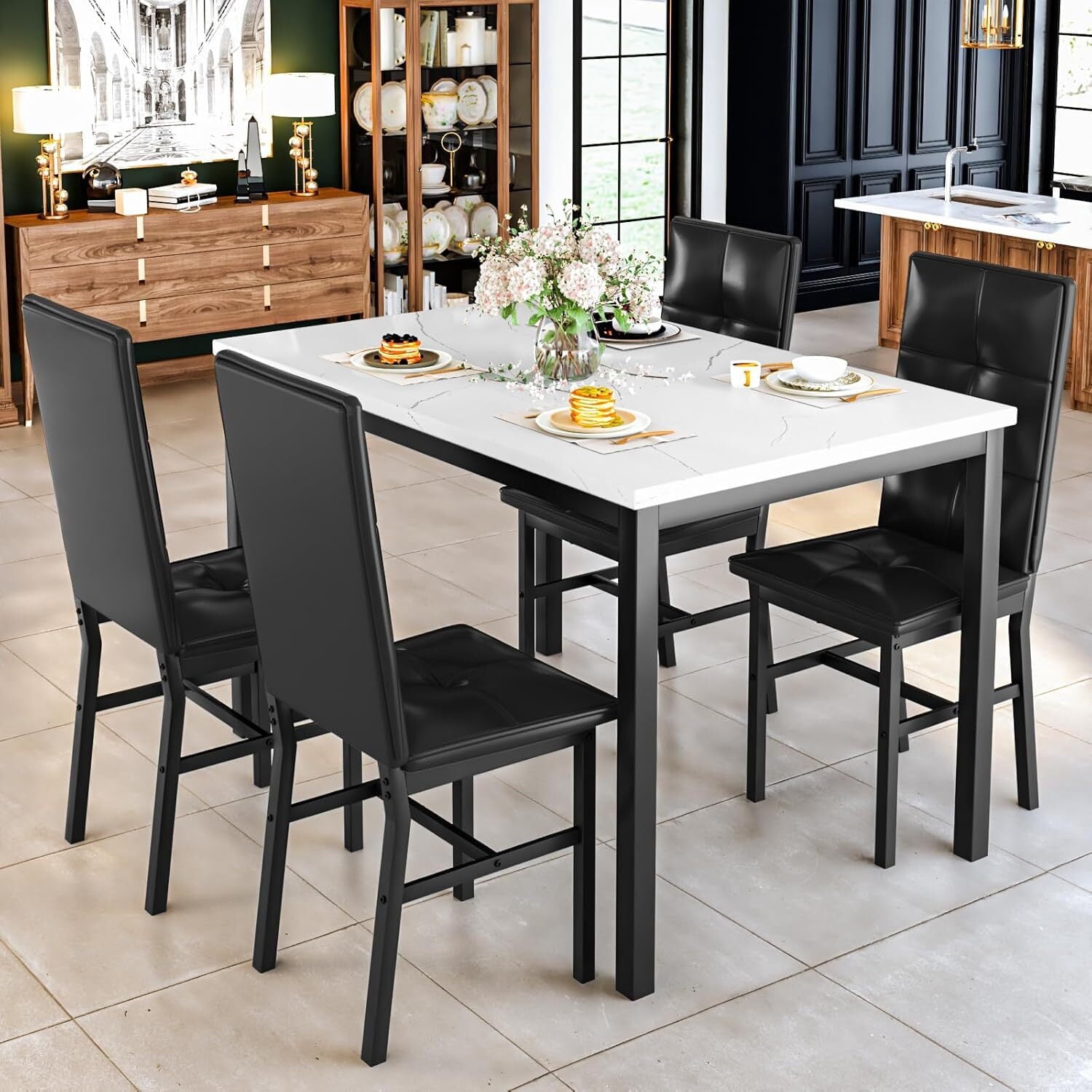 MOOSENG Dining Table Set for 4, Faux Marble Kitchen Table and Chairs Set of 4, 5-Piece Dining Room Set with PU Leather Upholstered Chairs for Small Space, Gray