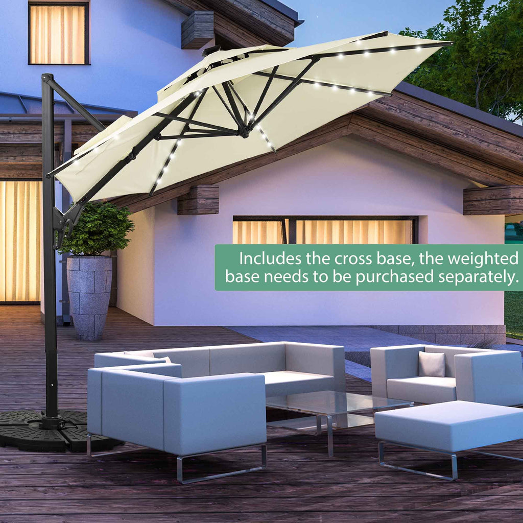 Ainfox 10ft Double Top Heavy-Duty Patio Cantilever Umbrella with lights and Cross Base, Outdoor Large Offset Hanging Aluminum Rotation Sun Shade Solar Umbrella with 360°Rotation Adjustable,Khaki