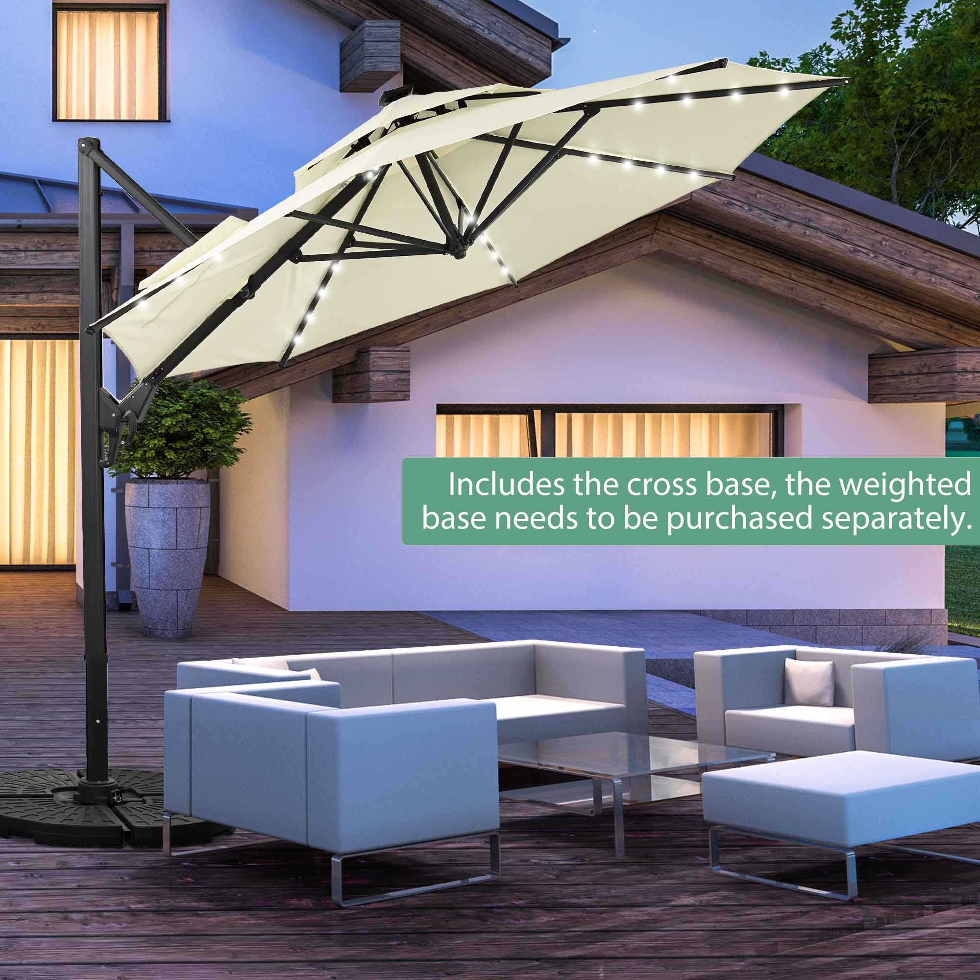 Ainfox 10ft Double Top Heavy-Duty Patio Cantilever Umbrella with lights and Cross Base, Outdoor Large Offset Hanging Aluminum Rotation Sun Shade Solar Umbrella with 360°Rotation Adjustable,Khaki