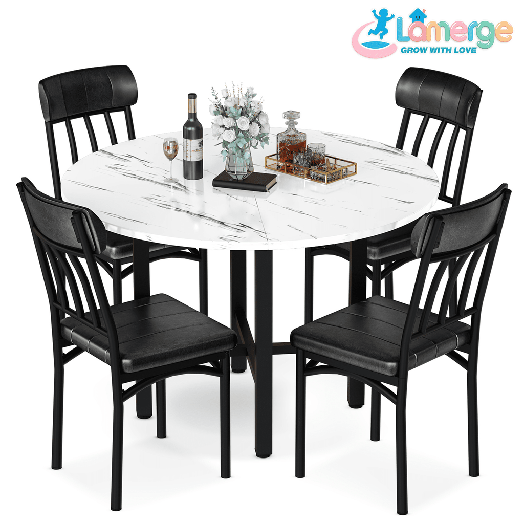 Lamerge Round Dining Table Set for 4,Wood Round Kitchen Table and Chairs Set for 4,Modern Dining Room Table Set with 4 Faux Leather Chairs,Round Dinner Table for Small Space,Brown