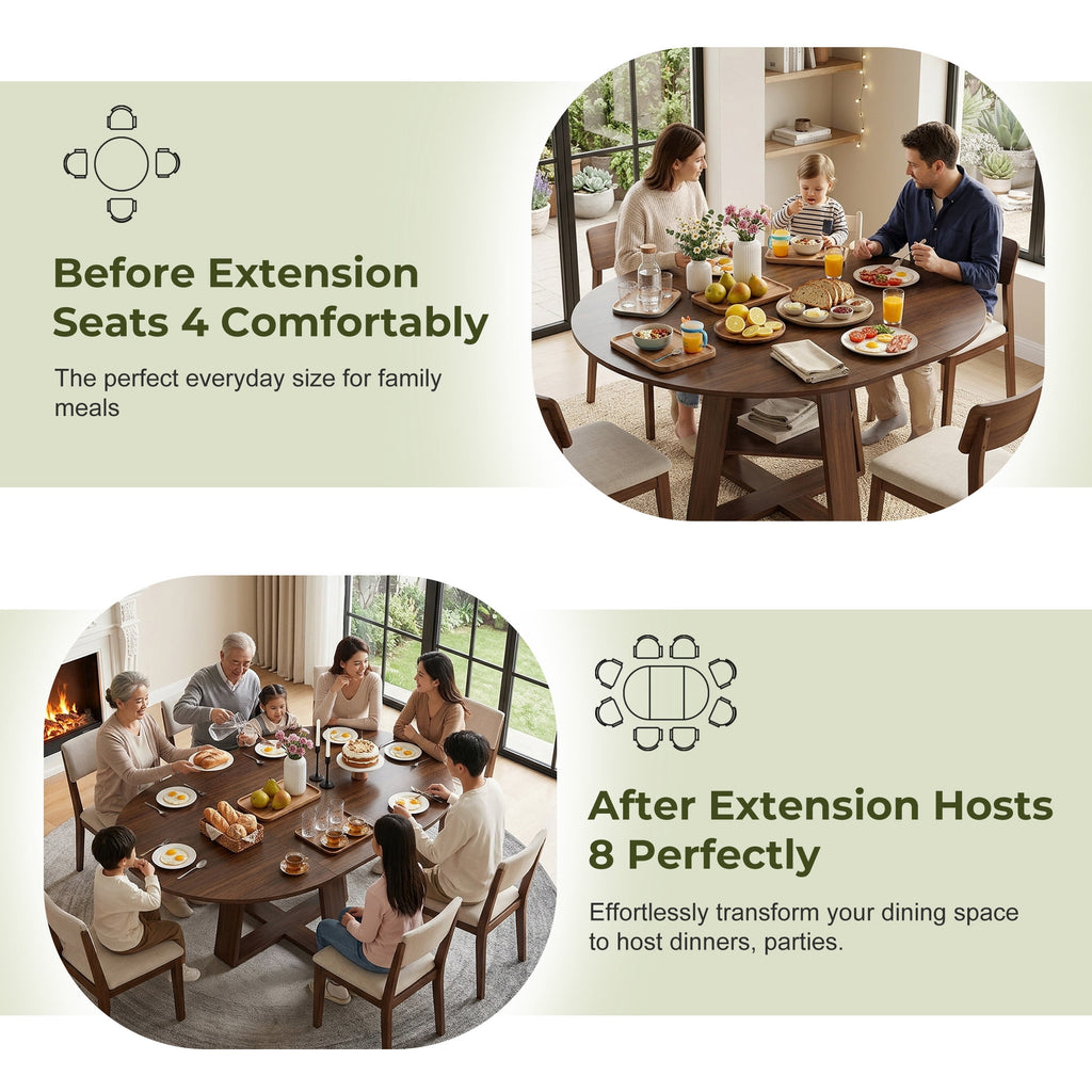 EDX 43.3″–59″ Extendable Round Dining Table for 4-8, Modern Oval Dining Table with Removable Leaves, Wooden Kitchen Table with Storage Shelf Base, Space Saving for Kitchen Living Room, Black