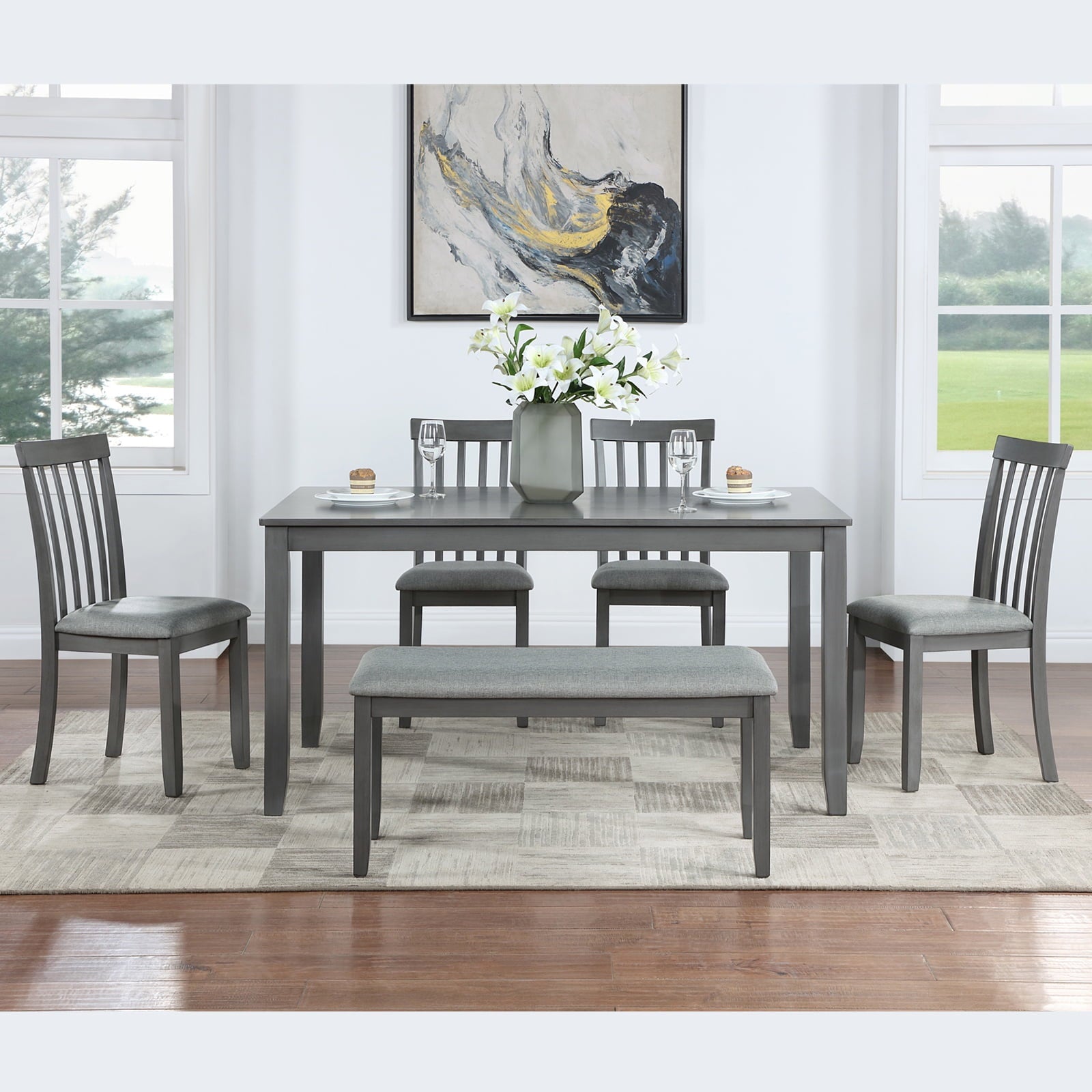 Dining Room Set, LEGAHOME 6 Piece Dining Sets with Bench and Chairs, Solid Wood Kitchen Dining Table Set for 6 with Upholstered Chairs, Gray