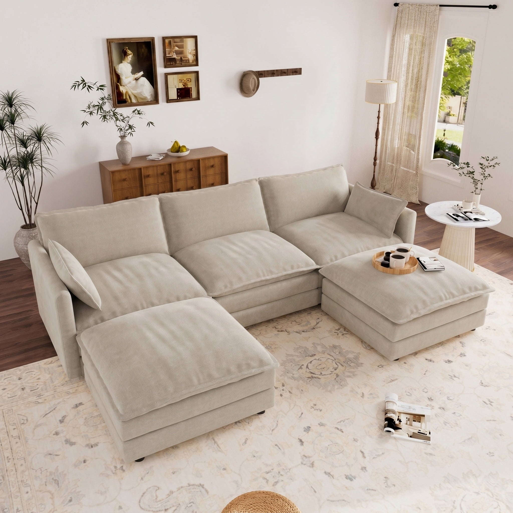 Muumblus Sectional Sofa Cloud Couch with Reversible Ottoman, L-Shaped Chenille Sofa for Living Rooms, Beige