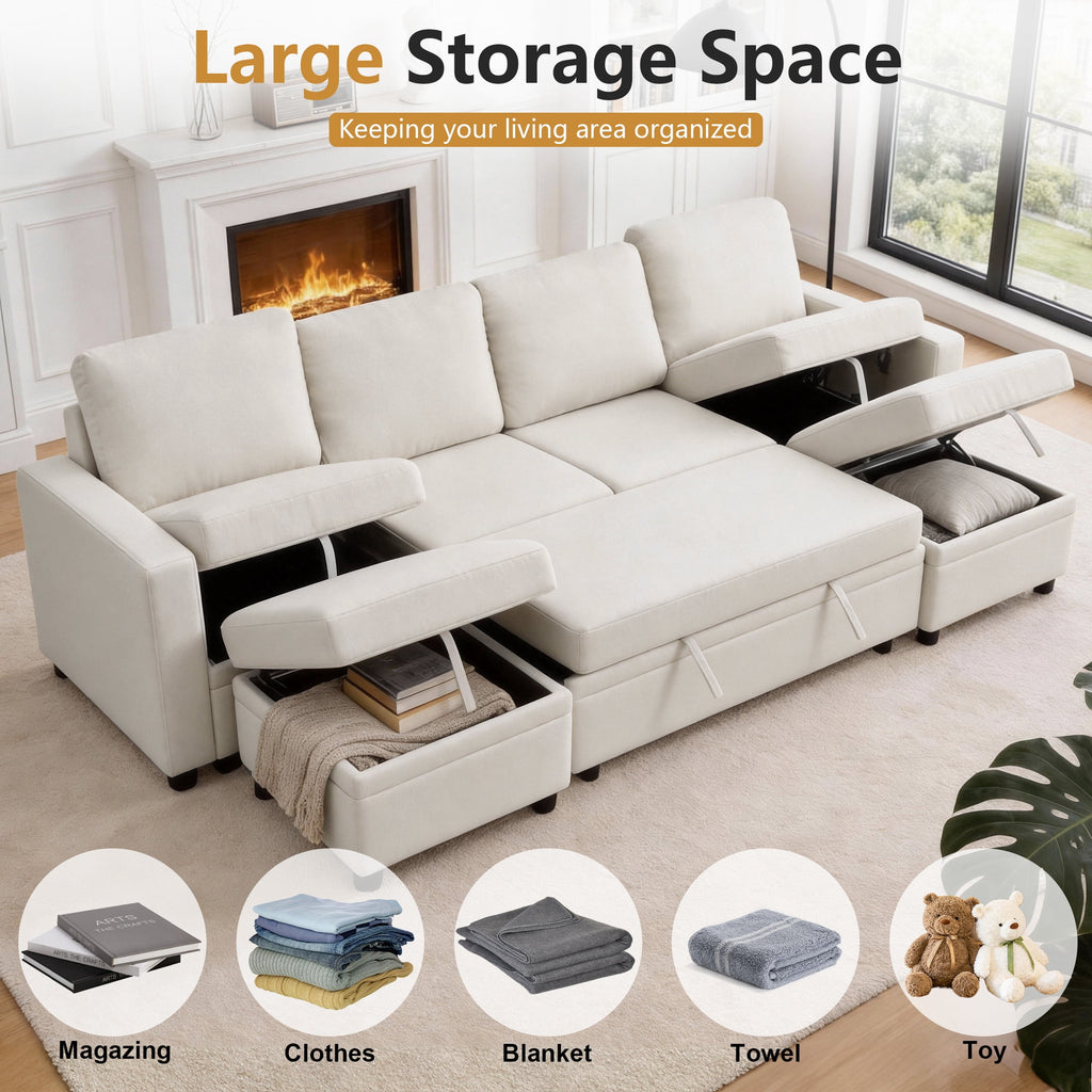 AENKYO 102 U-Shaped Sectional Sofa Bed, Linen Pull Out Sleeper Couch with Storage Seats for Living Room，White