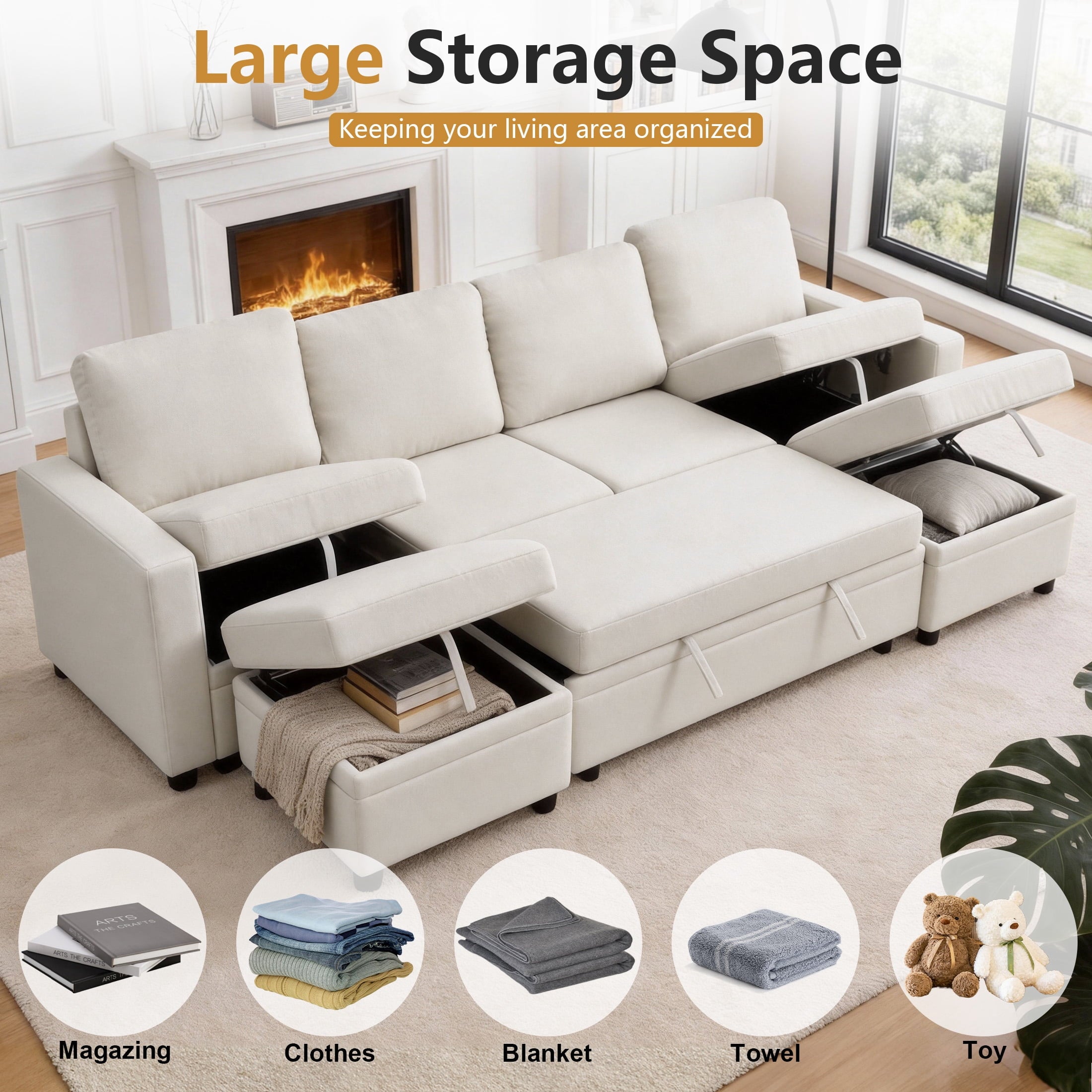 AENKYO 102 U-Shaped Sectional Sofa Bed, Linen Pull Out Sleeper Couch with Storage Seats for Living Room，White