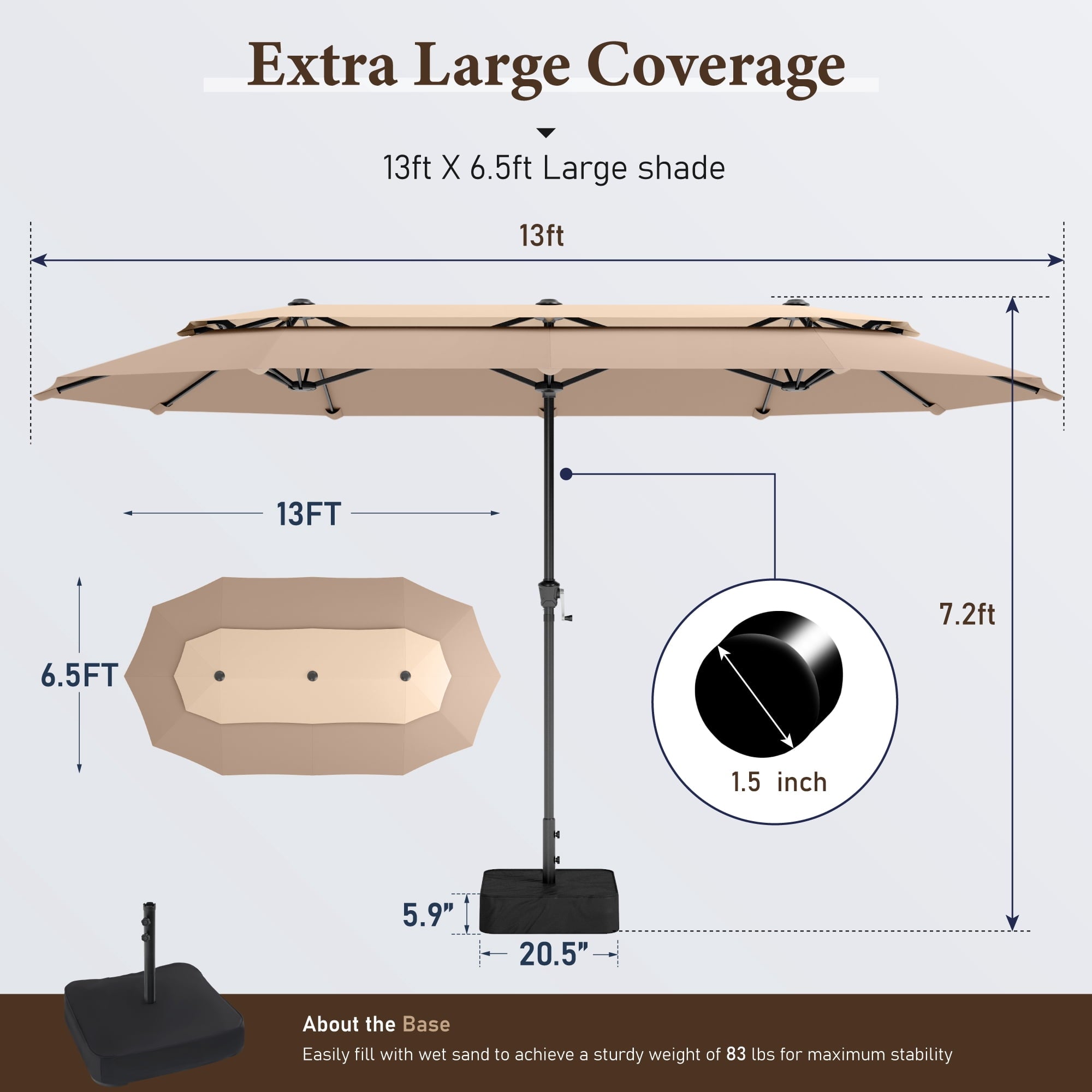 SUMMIT LIVING 13FT Patio Umbrella with Base Included - Double-Vented Rectangle Outdoor Market Umbrella for Patio - Beige